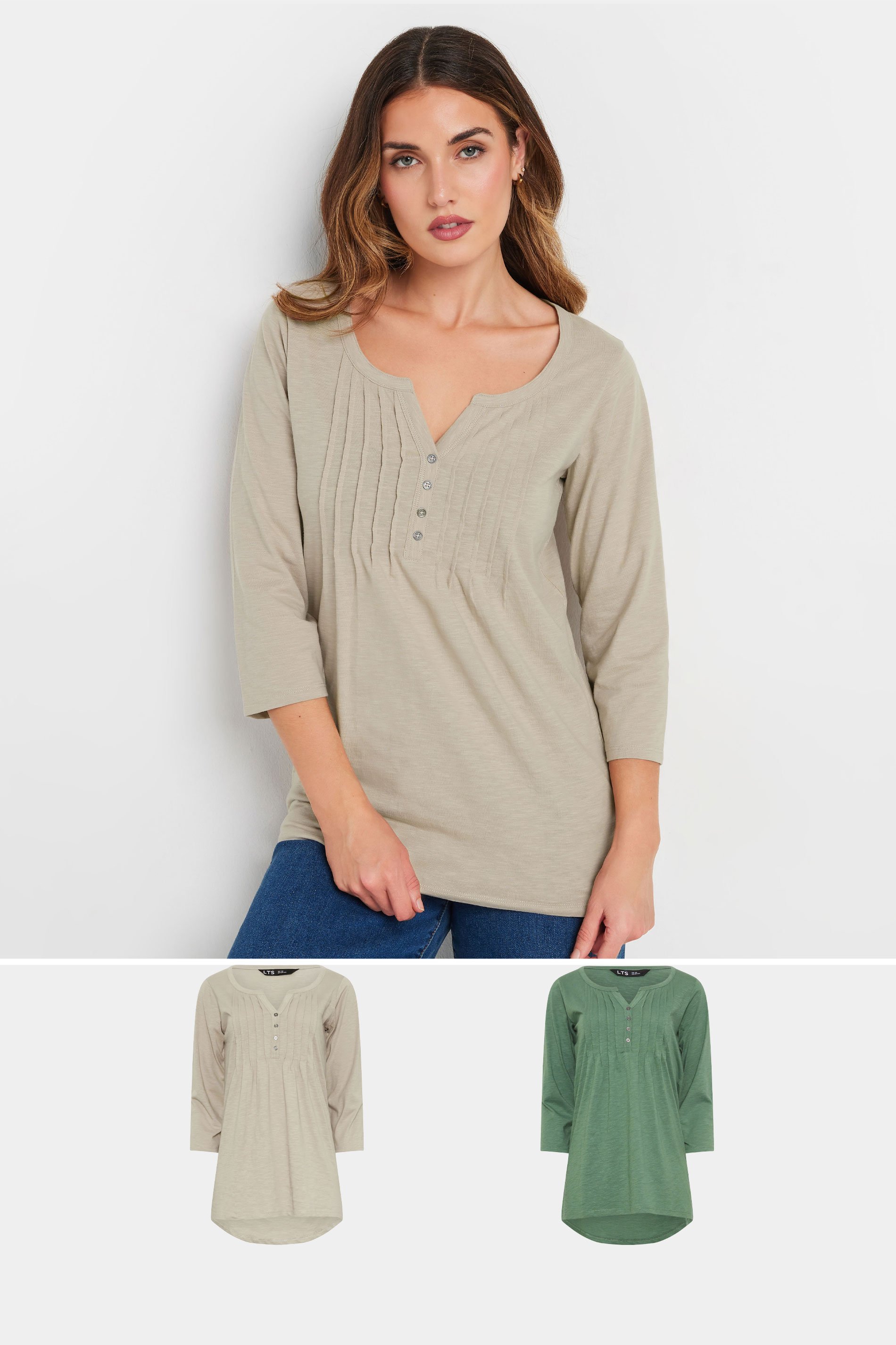 LTS Tall 2 PACK Beige Brown & Green Henley Tops | Long Tall Sally 1