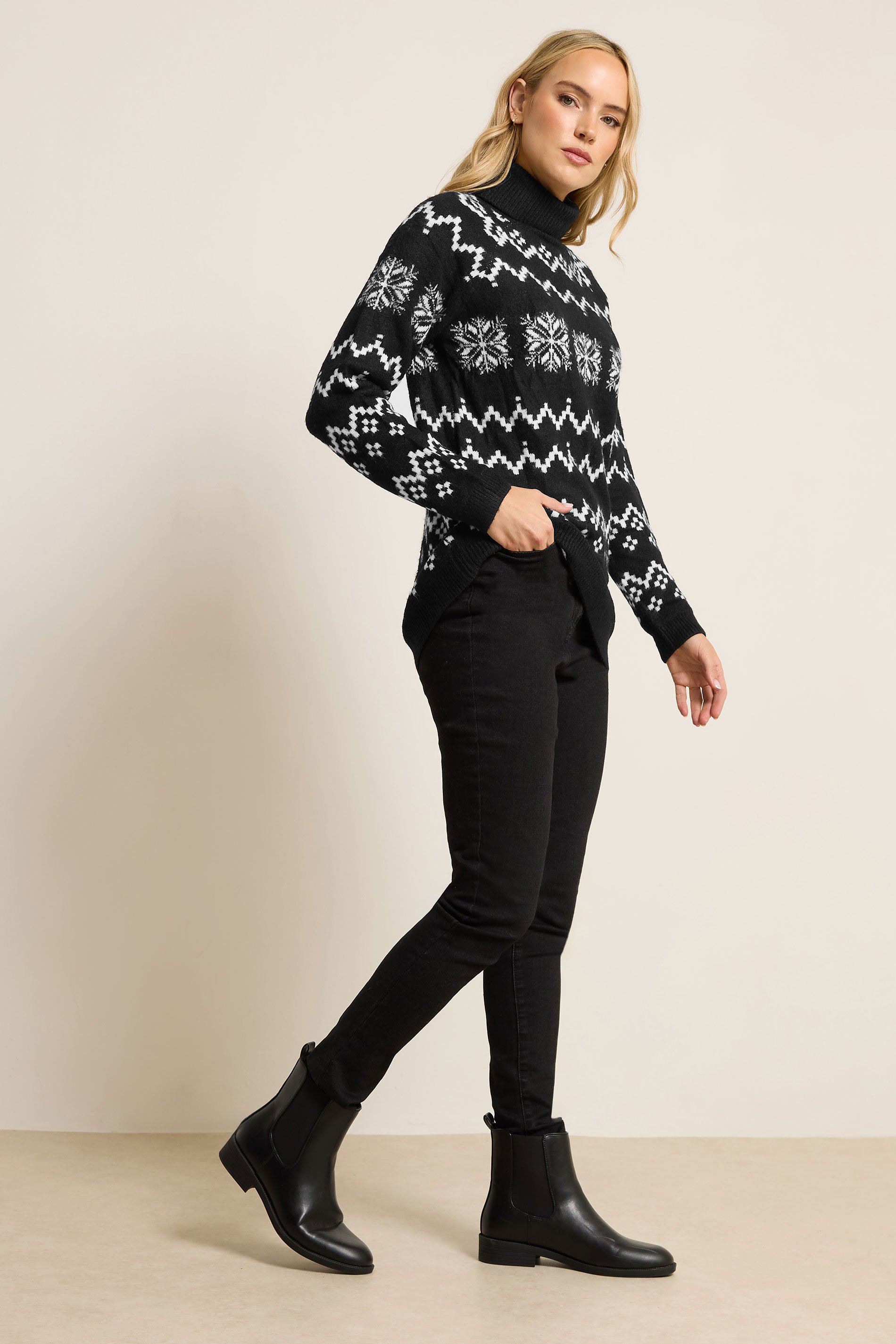 LTS Tall Black Knitted Snowflake Roll Neck Jumper | Long Tall Sally 2