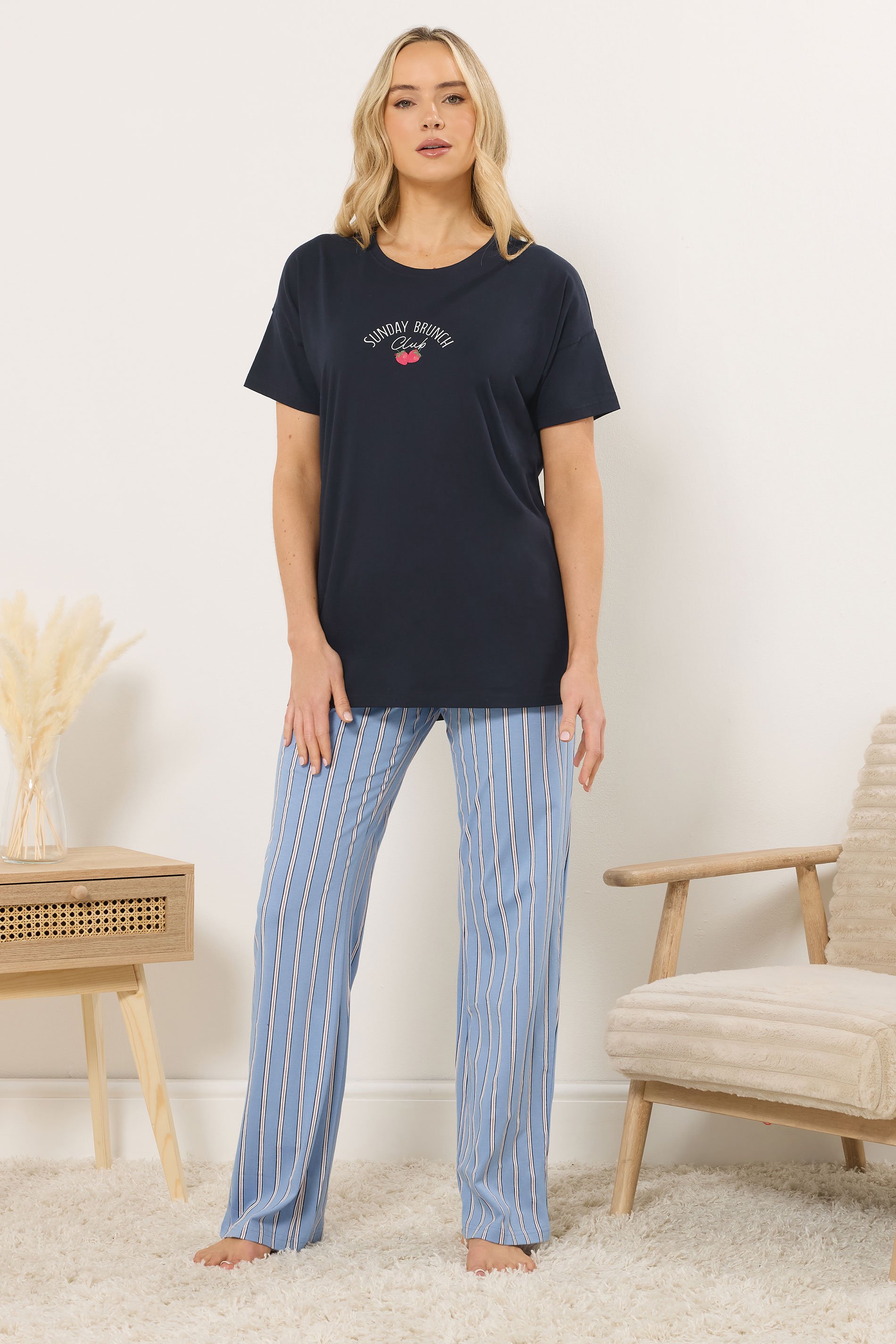 LTS Tall Women's Navy Blue 'Sunday Brunch' Slogan Striped Pyjama Set | Long Tall Sally 2