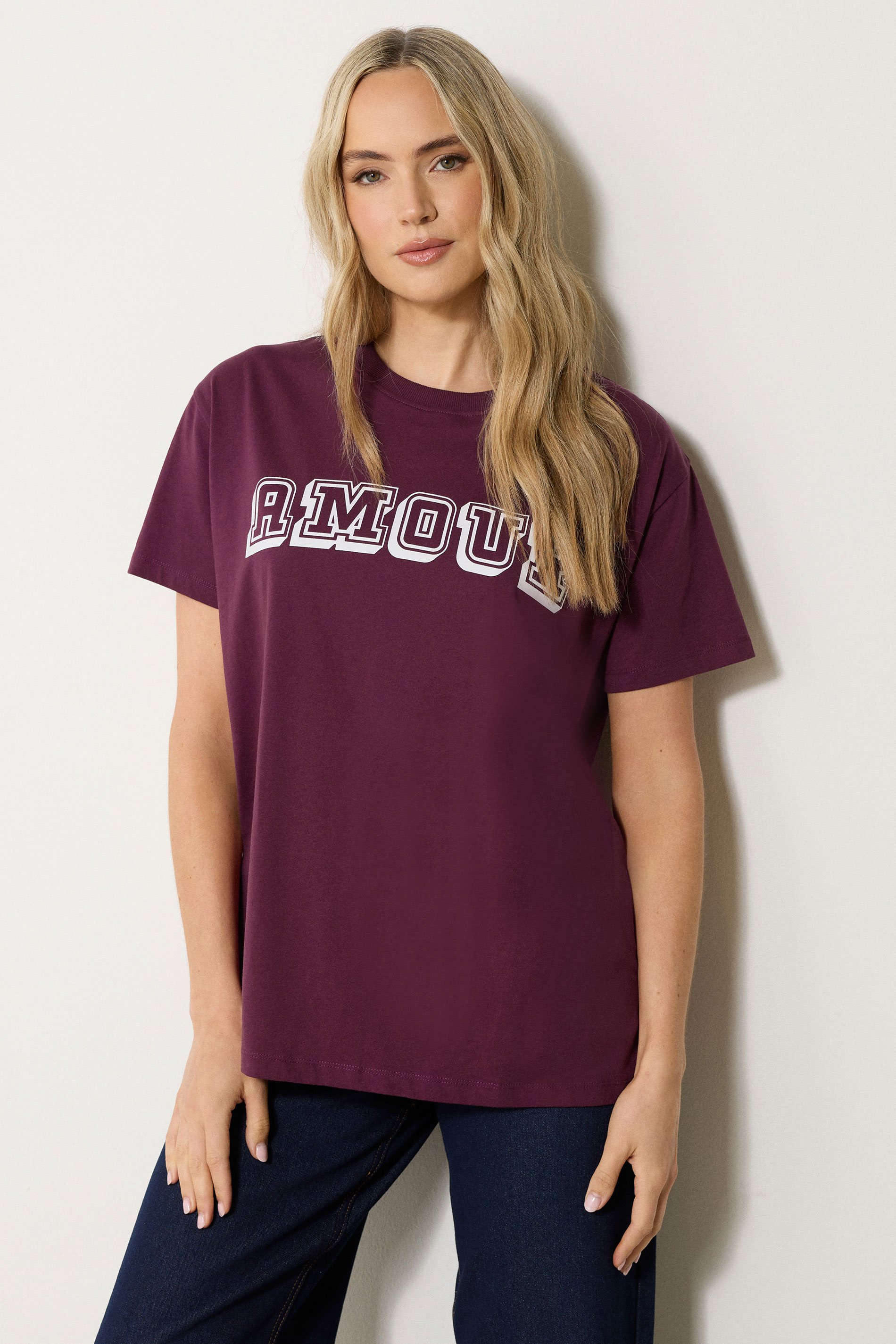 LTS Tall Burgundy Red 'Amour' Slogan T-Shirt | Long Tall Sally 1