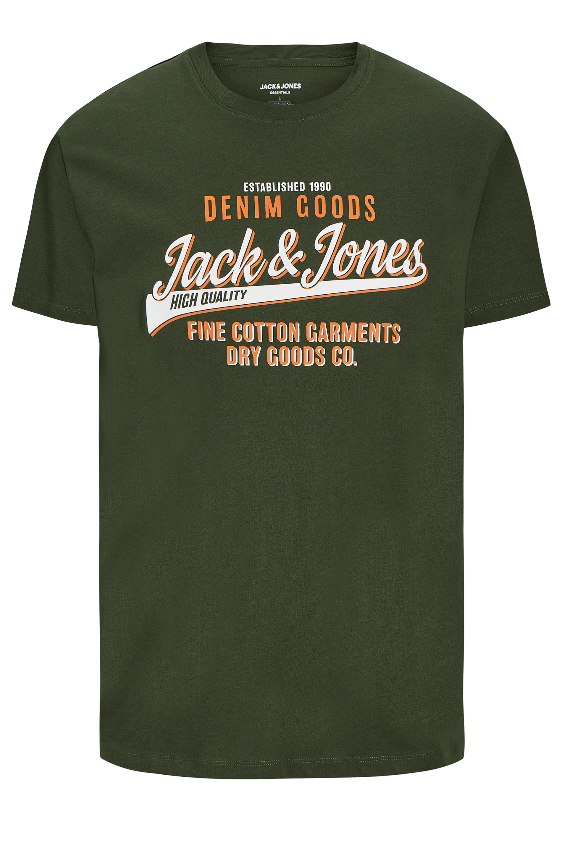 JACK & JONES Big & Tall Dark Green & Orange 'Denim Goods' Chest Logo T-Shirt | BadRhino 2