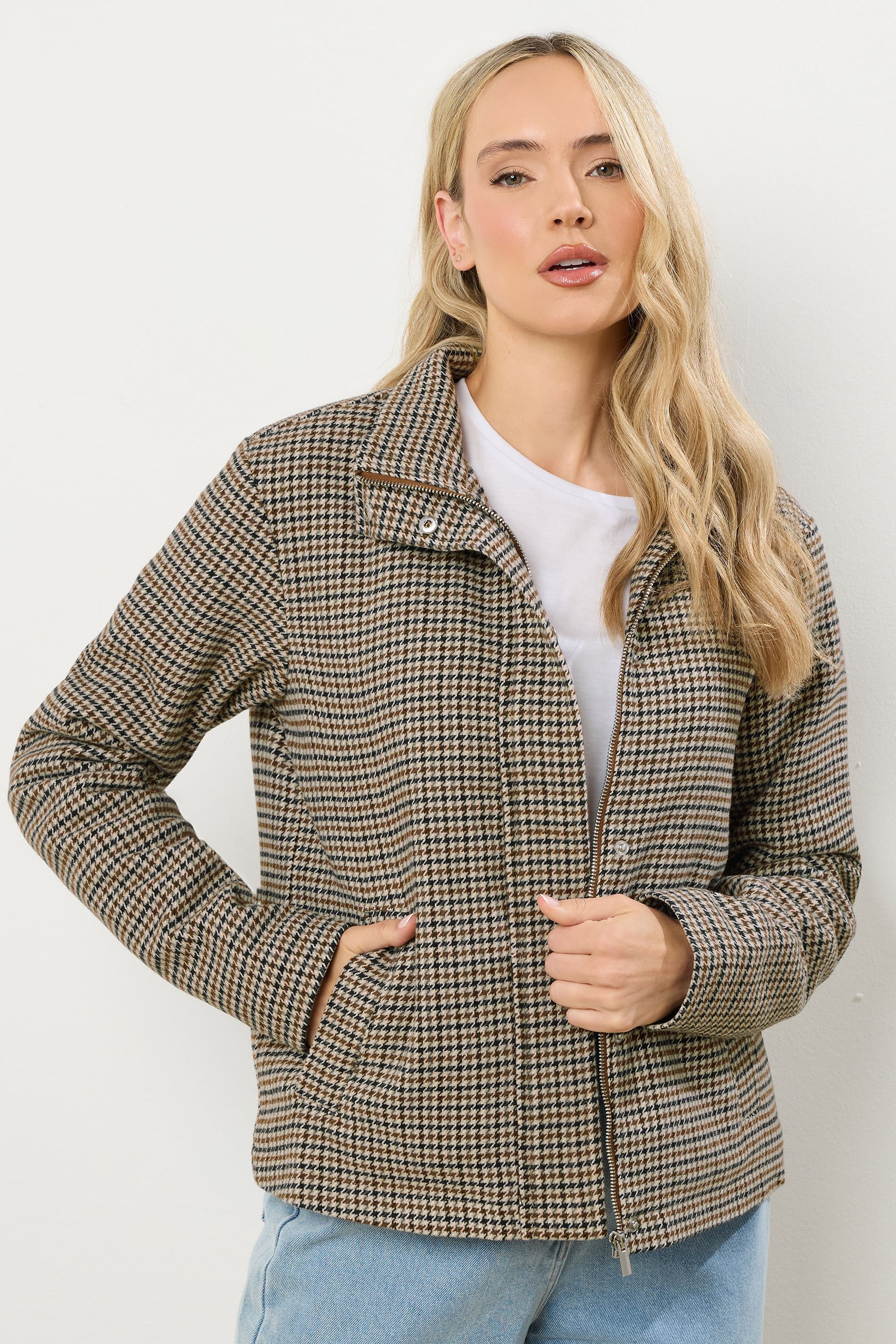 LTS Tall Brown Check Funnel Neck Coat | Long Tall Sally 2