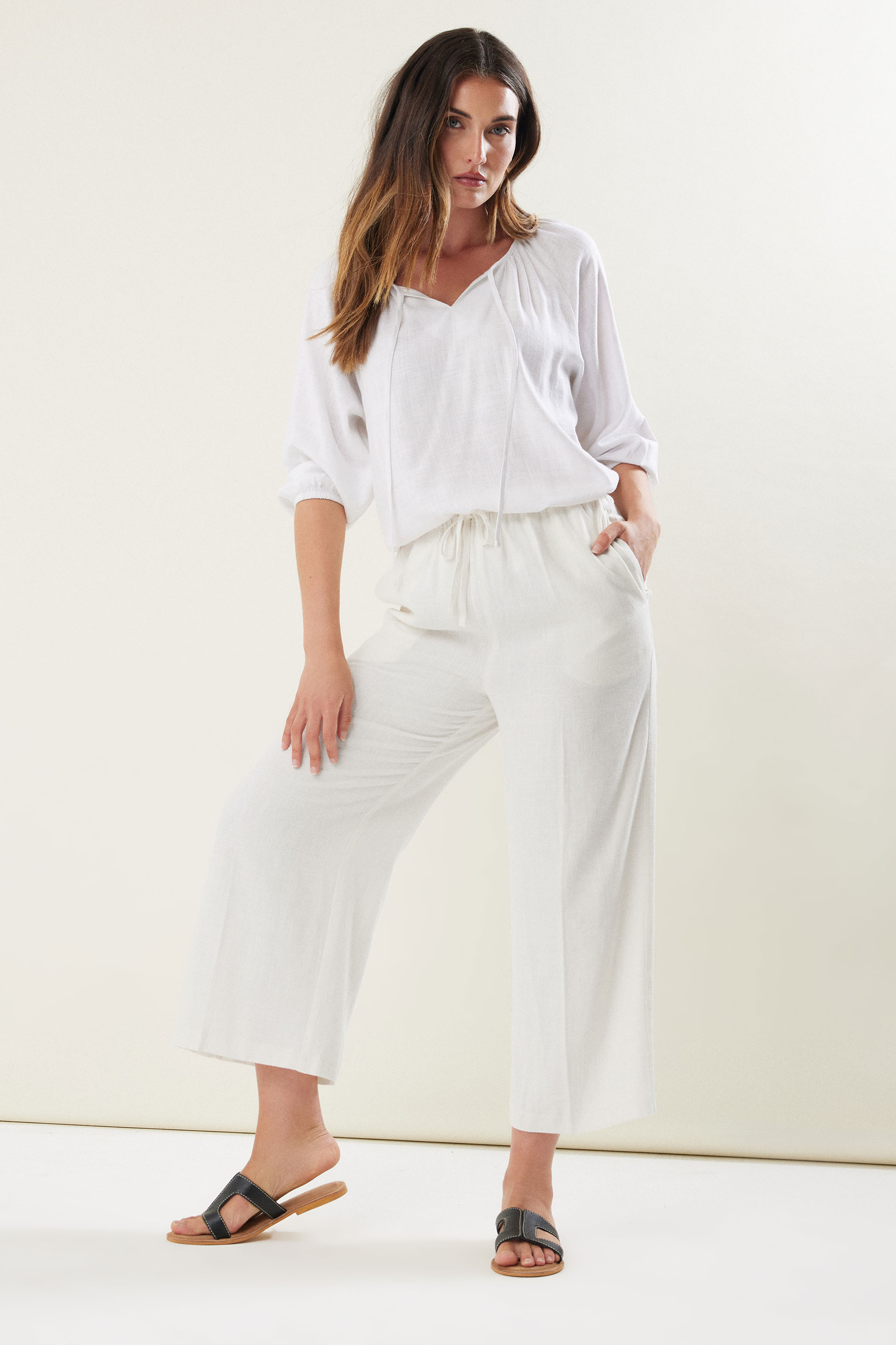LTS Tall Women's White Linen Tie Waist Cropped Trousers | Long Tall Sally  2