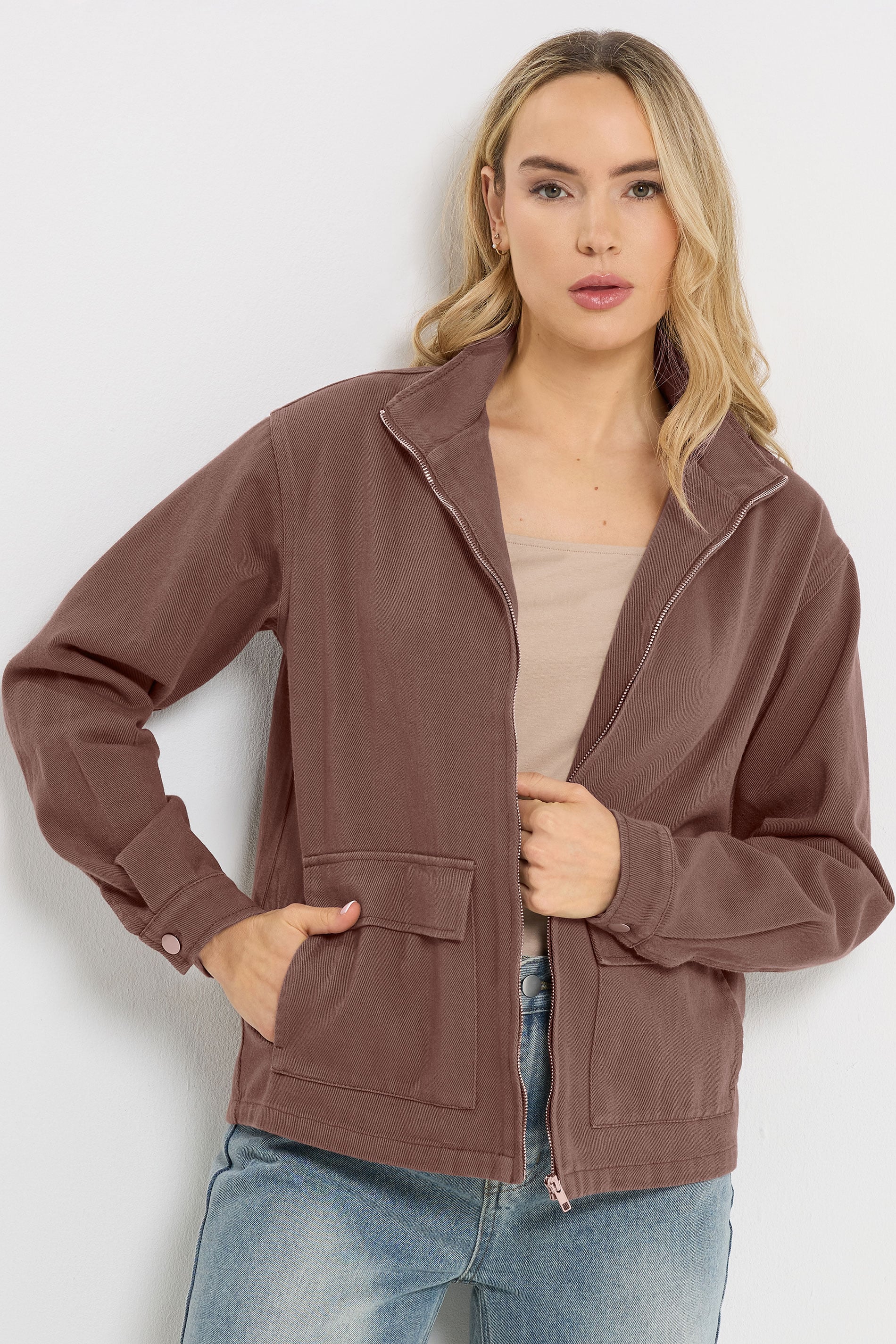 LTS Tall Women's Chocolate Brown Cotton Funnel Neck Jacket | Long Tall Sally 3