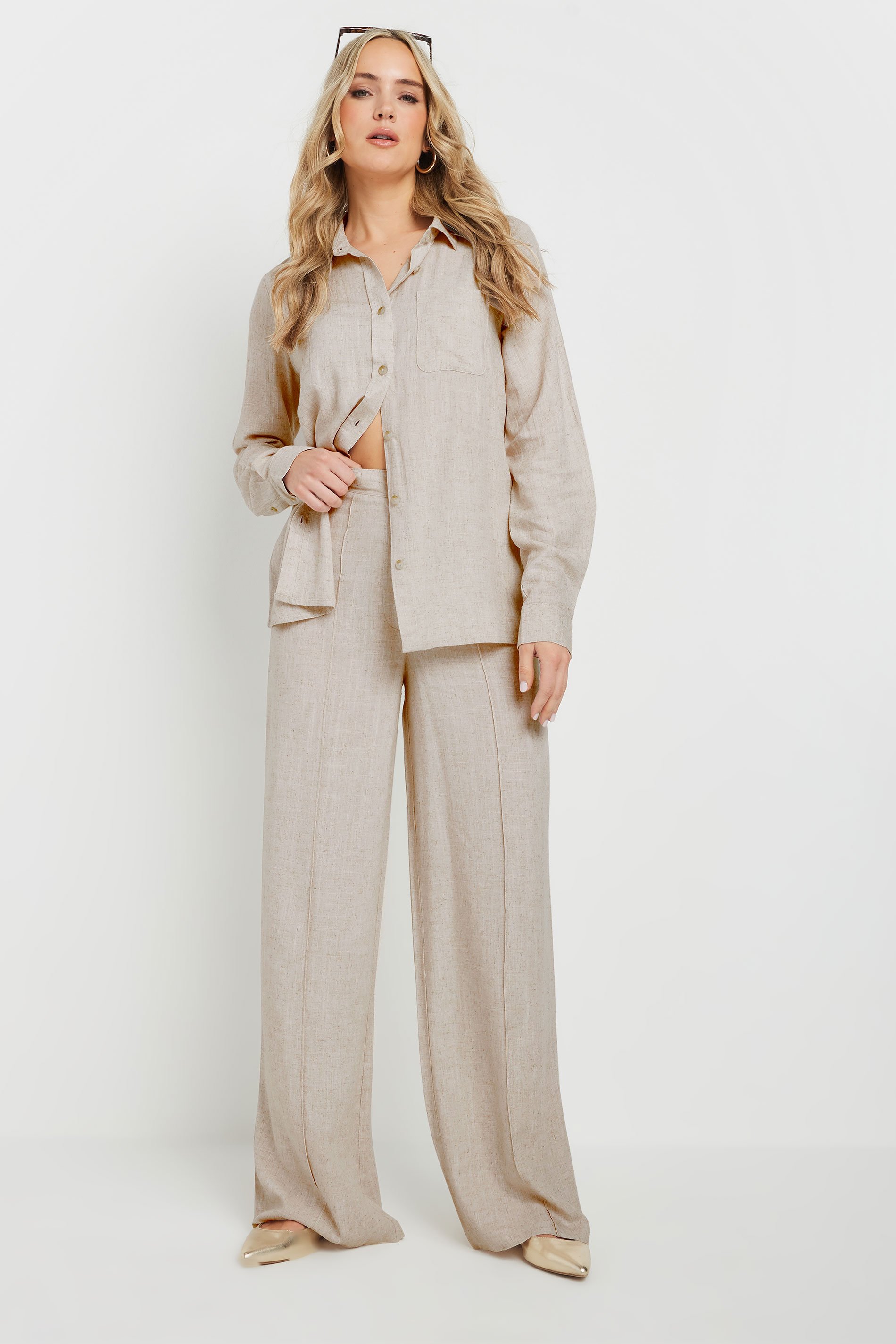 LTS Tall Stone Brown Linen Pleated Wide Leg Trousers | Long Tall Sally 2