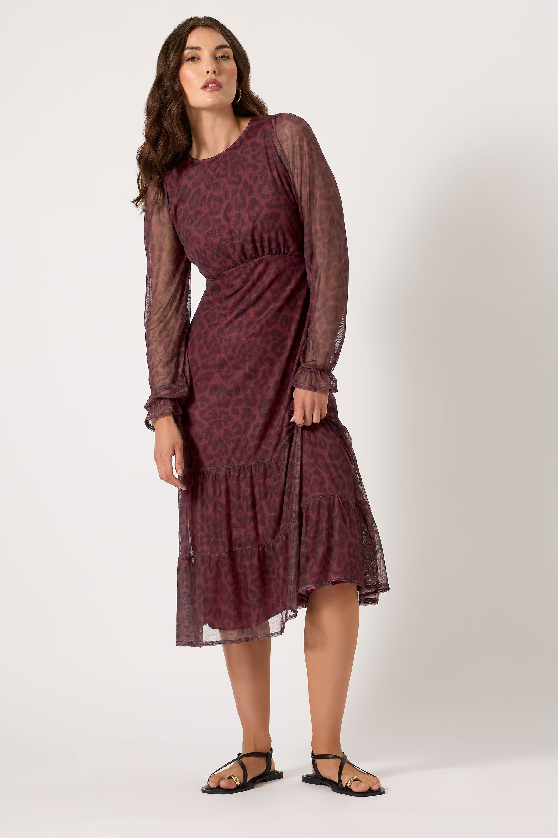 LTS Tall Burgundy Red Mesh Leopard Print Tiered Dress | Long Tall Sally 2