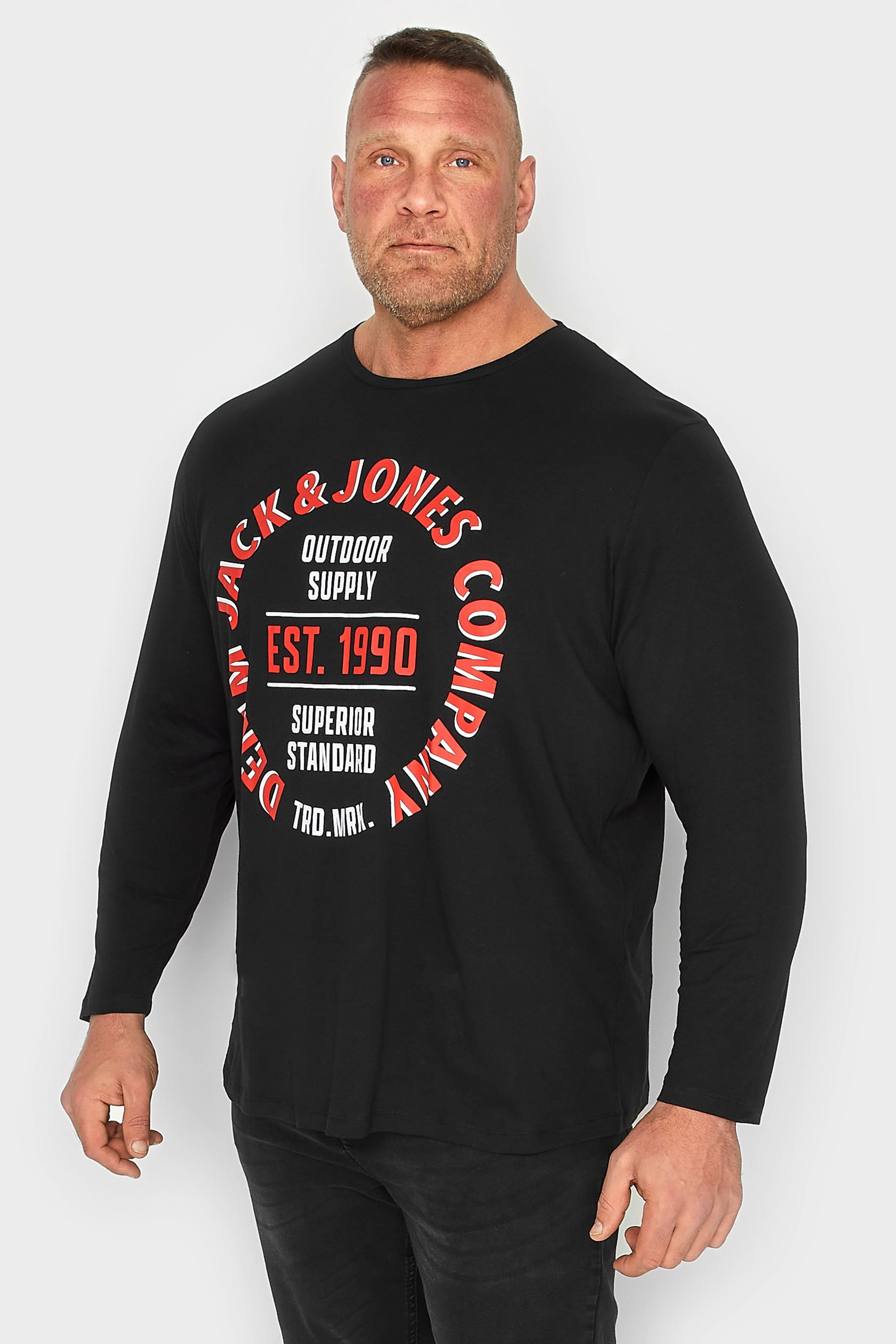 JACK & JONES Big & Tall Big & Tall Black Printed Long Sleeve T-Shirt | BadRhino 1