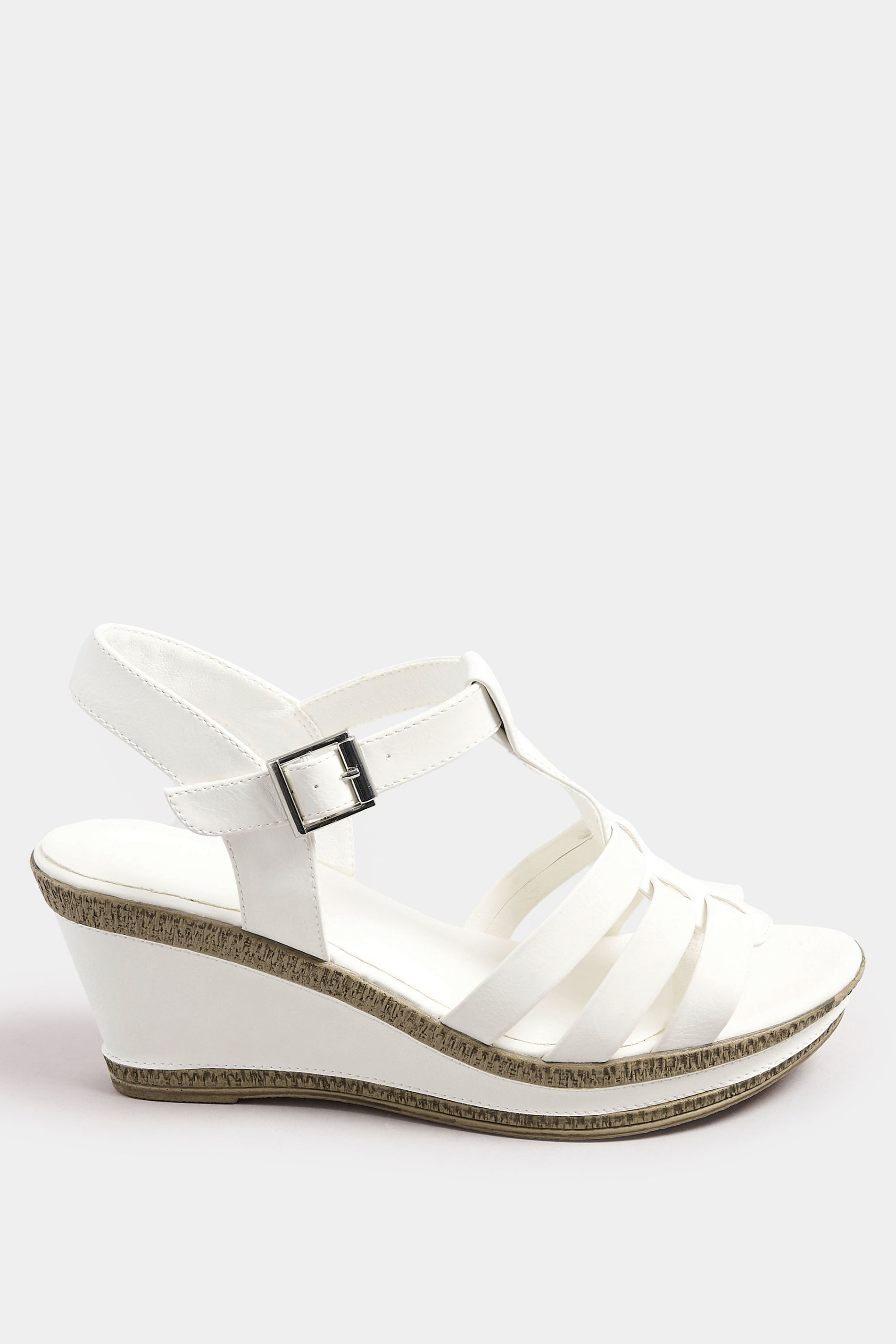 White Faux Leather T-Bar Wedge Sandals In Wide E Fit & Extra Wide EEE Fit | Yours Clothing 4