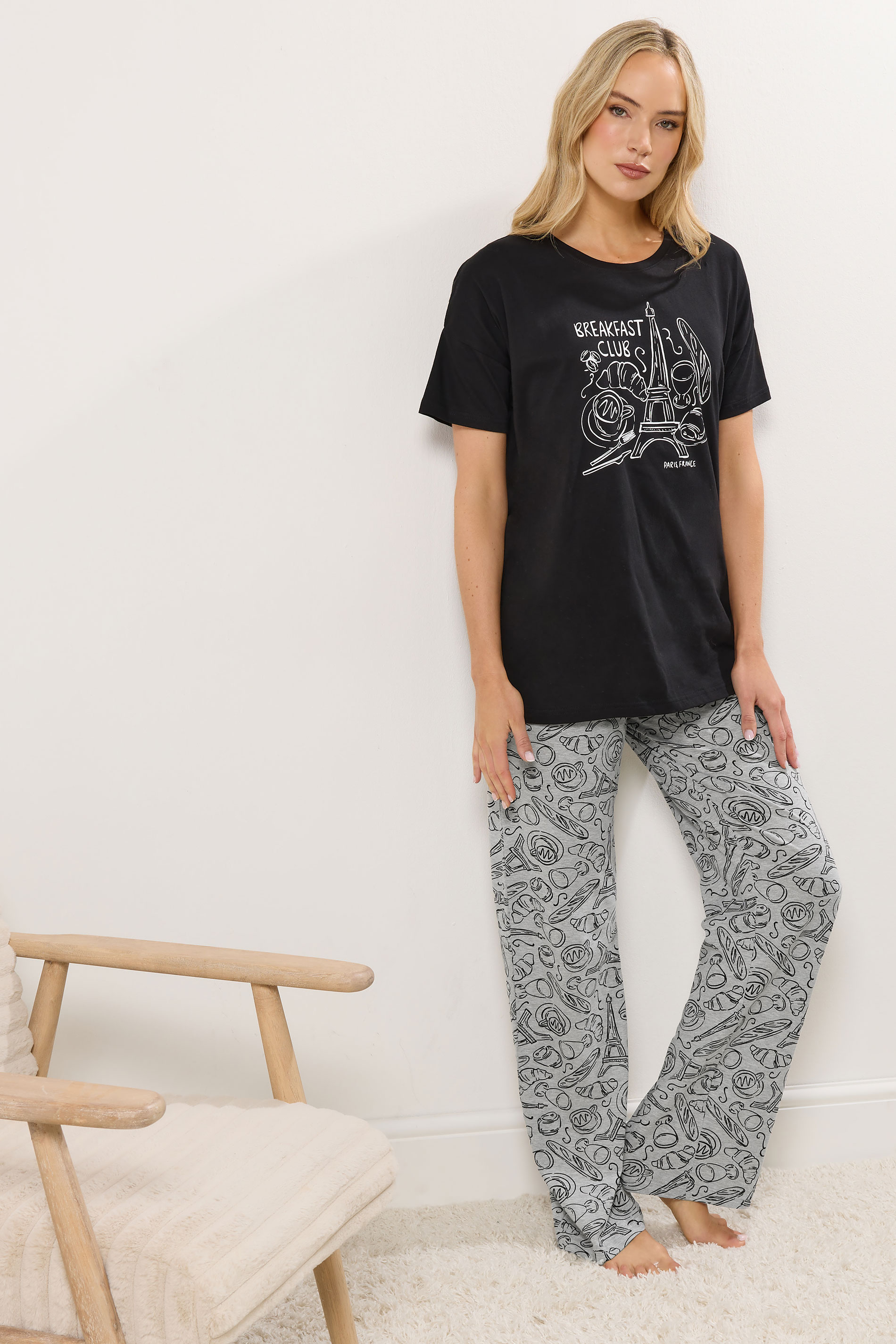 LTS Tall Women's Black 'Breakfast Club' Wide Leg Pyjama Set | Long Tall Sally 1