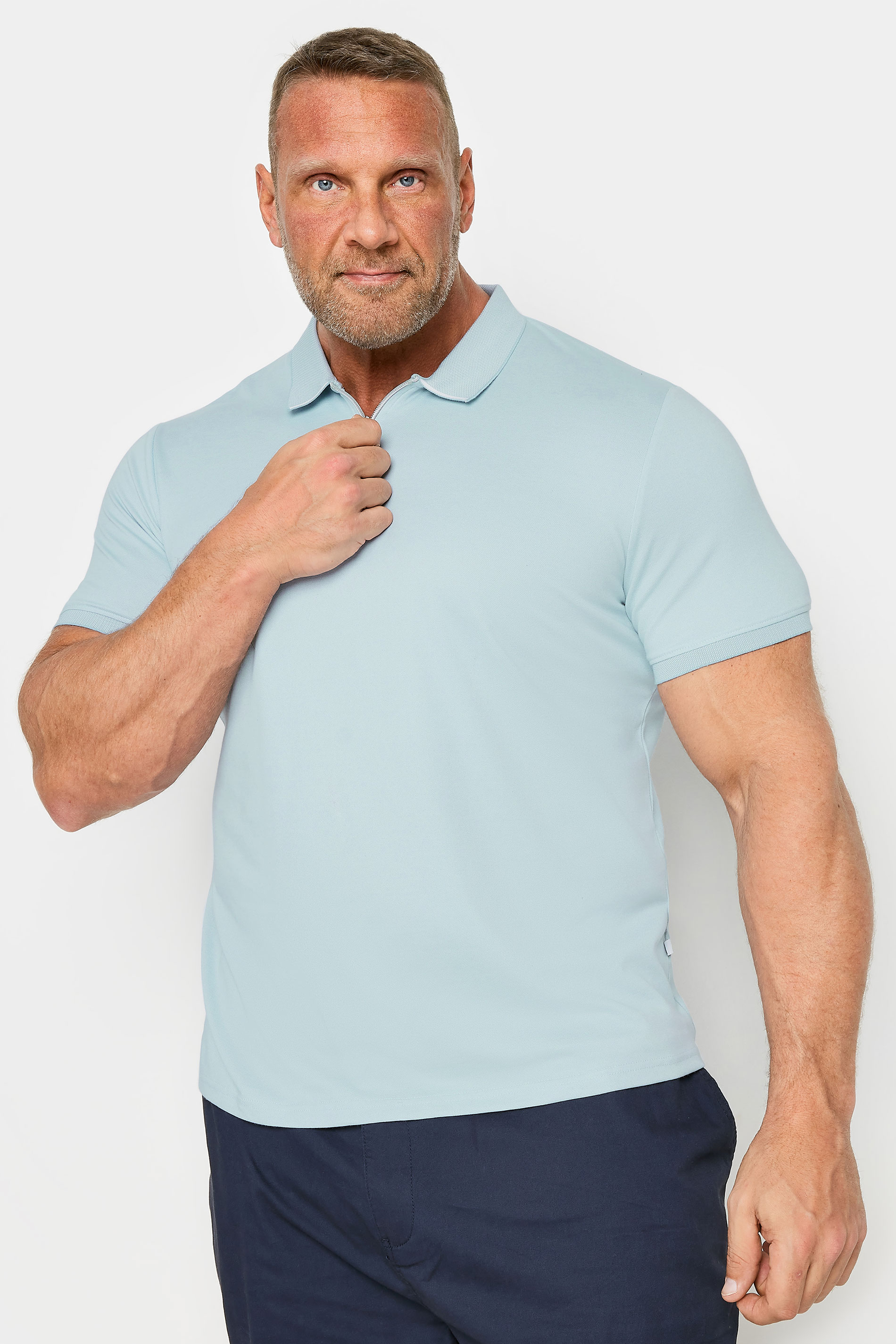 STUDIO A Big & Tall Blue Zip Neck Polo Shirt | BadRhino 1