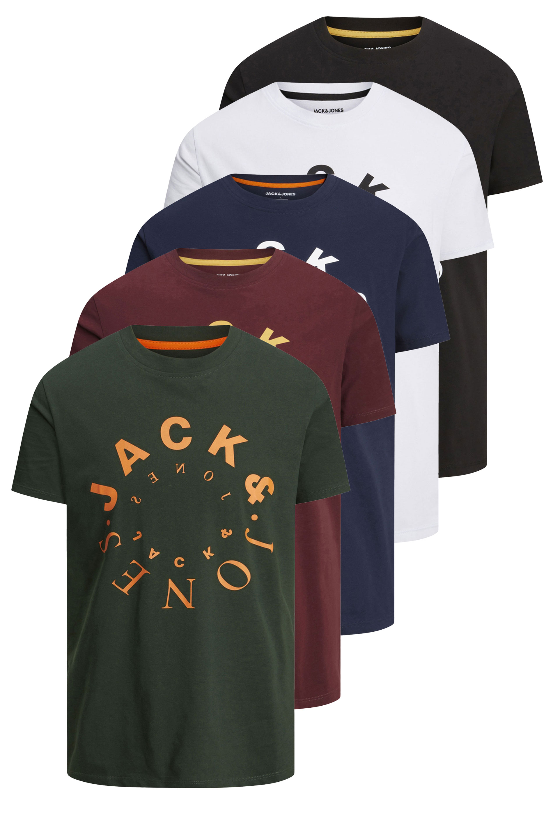 JACK & JONES Big & Tall 5 PACK White & Green Logo Printed T-Shirts | BadRhino 3