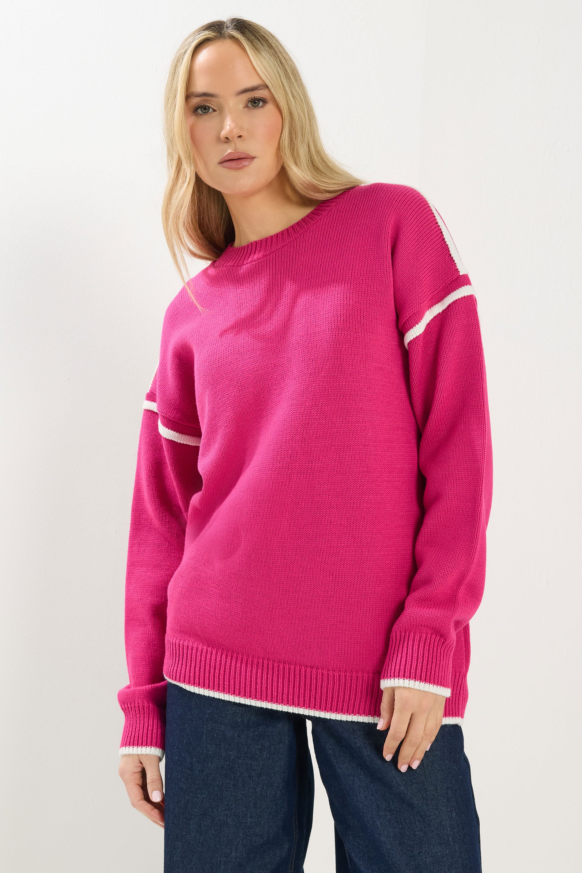 LTS Tall Hot Pink Piped Crew Neck Jumper | Long Tall Sally 1