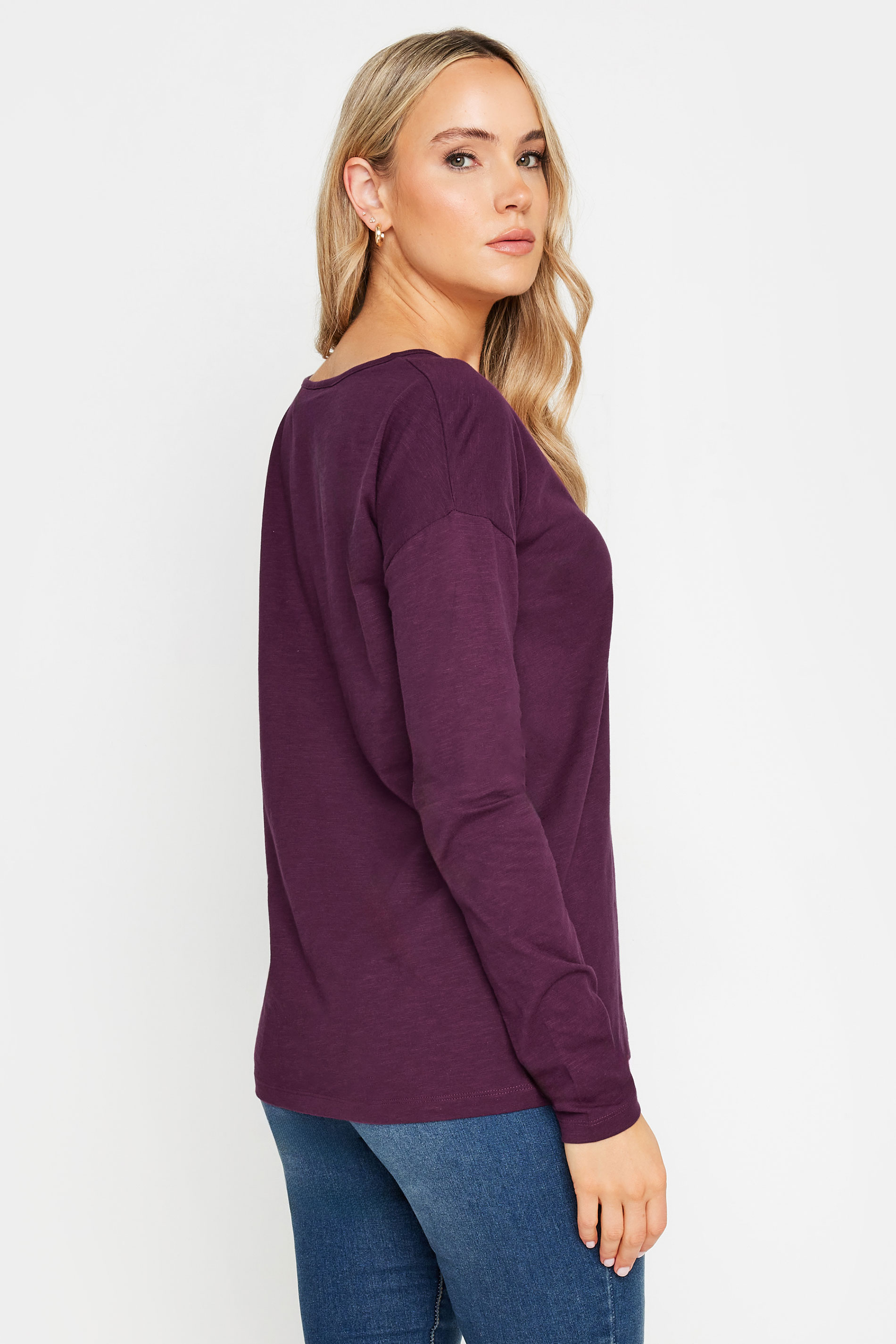 LTS Tall Dark Purple V-Neck Long Sleeve Cotton T-Shirt | Long Tall Sally 3