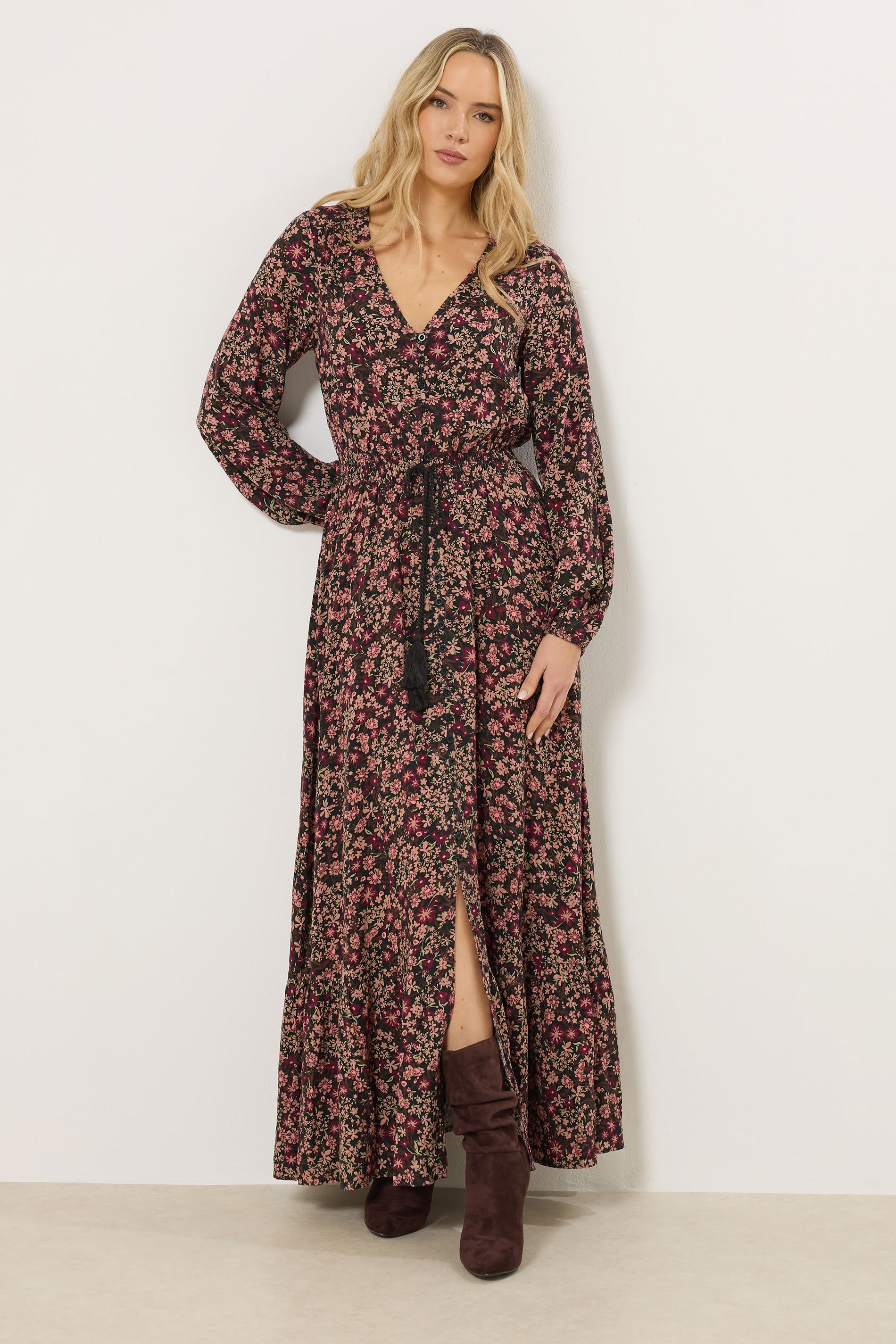 LTS Tall Black Floral Button Maxi Dress | Long Tall Sally 1