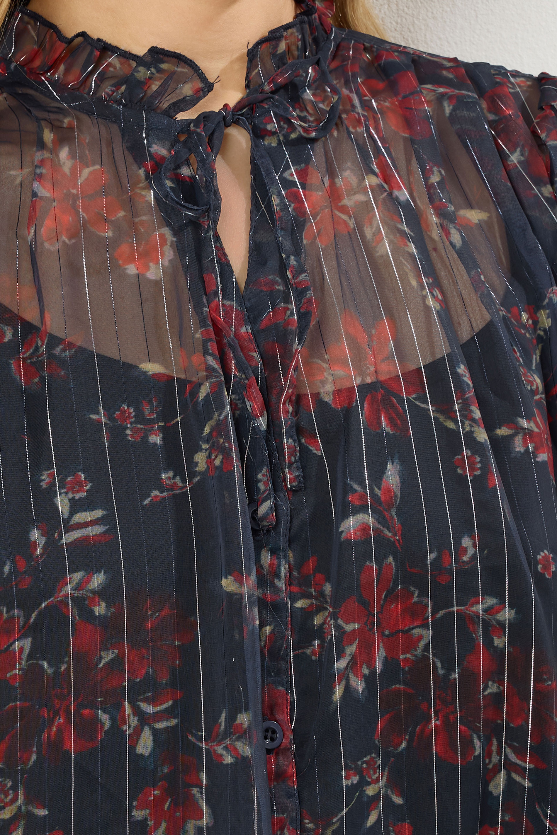 LTS Tall Navy Blue Floral Print Frill Neck Blouse | Long Tall Sally 5