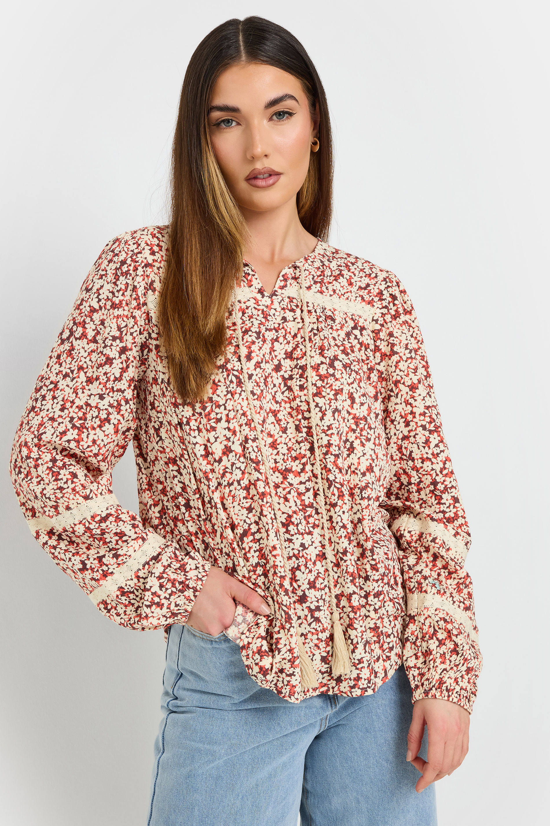 LTS Tall Coral Orange Ditsy Floral Tassel Tie Blouse | Long Tall Sally 2
