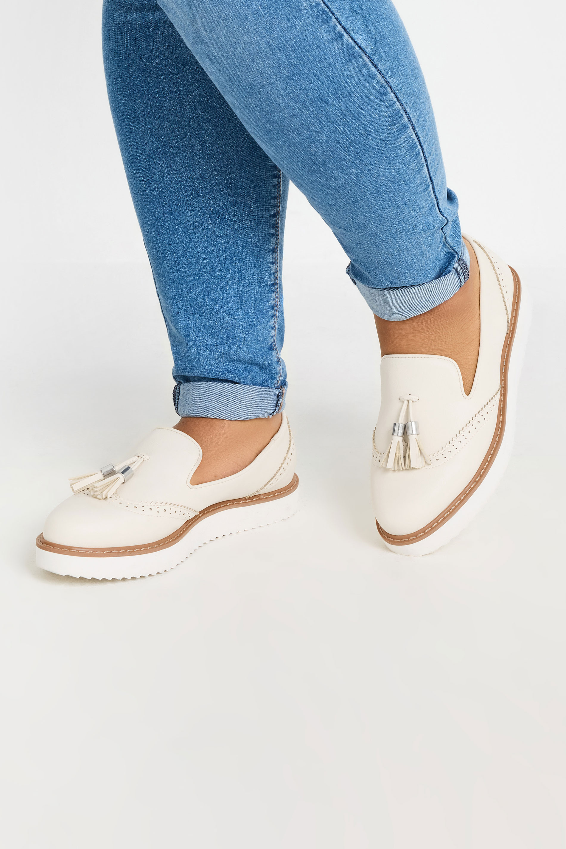 White Faux Leather Chunky Tassel Loafers In Wide EEE Fit | Yours Clothing 1