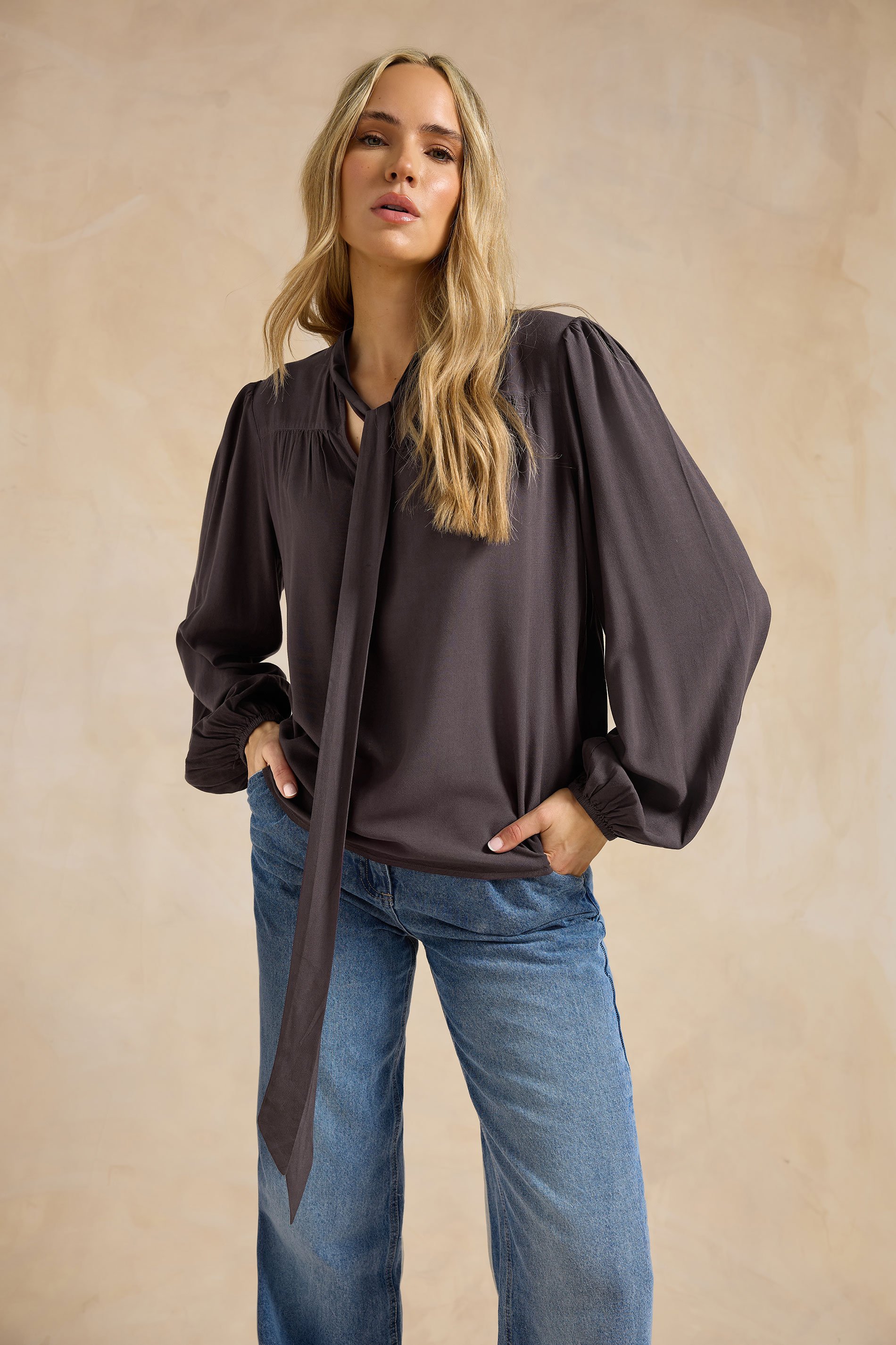 LTS Tall Dark Purple Acid Wash Tie Neck Blouse | Long Tall Sally 1