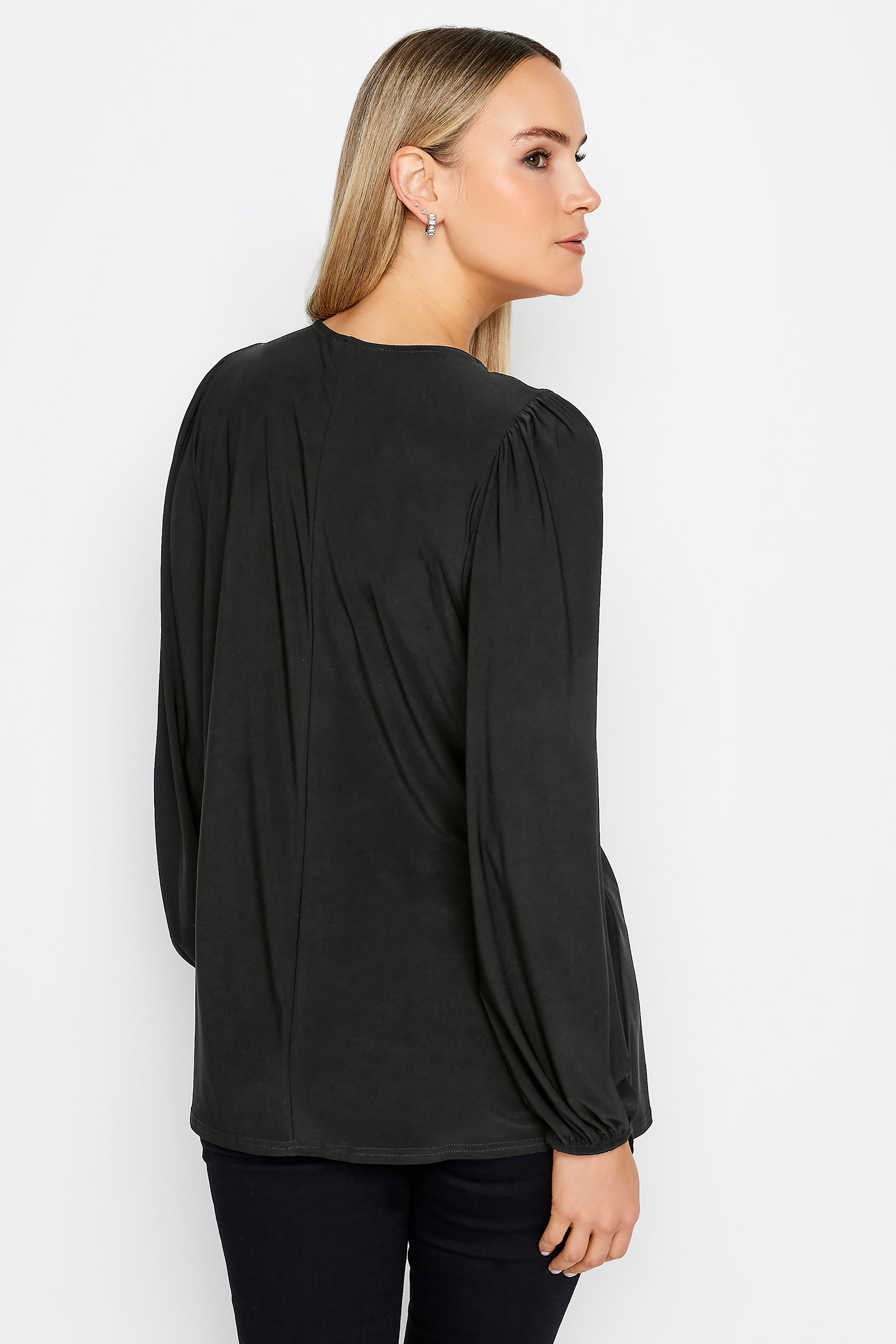 LTS Tall Womens Black Balloon Sleeve Zip Neck Top | Long