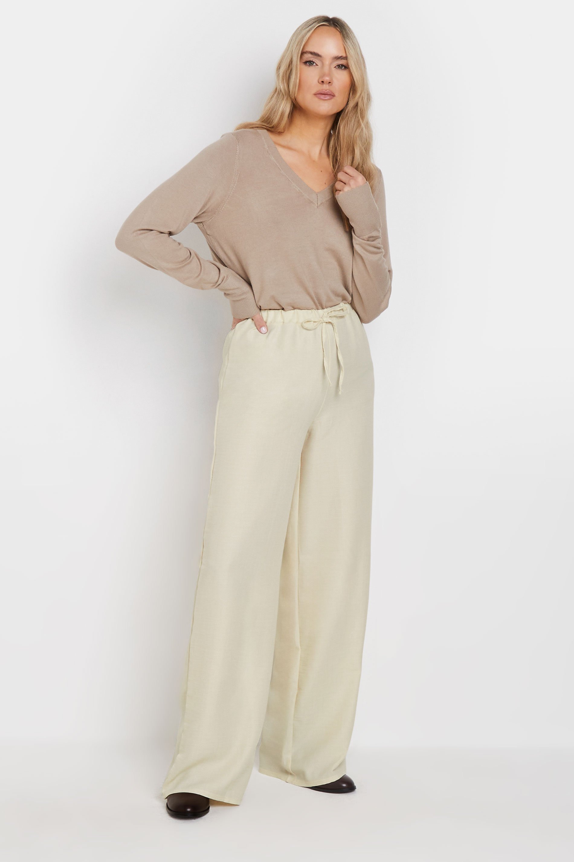 LTS Tall Women's Cream Textured Wide Leg Trousers | Long Tall Sally 3