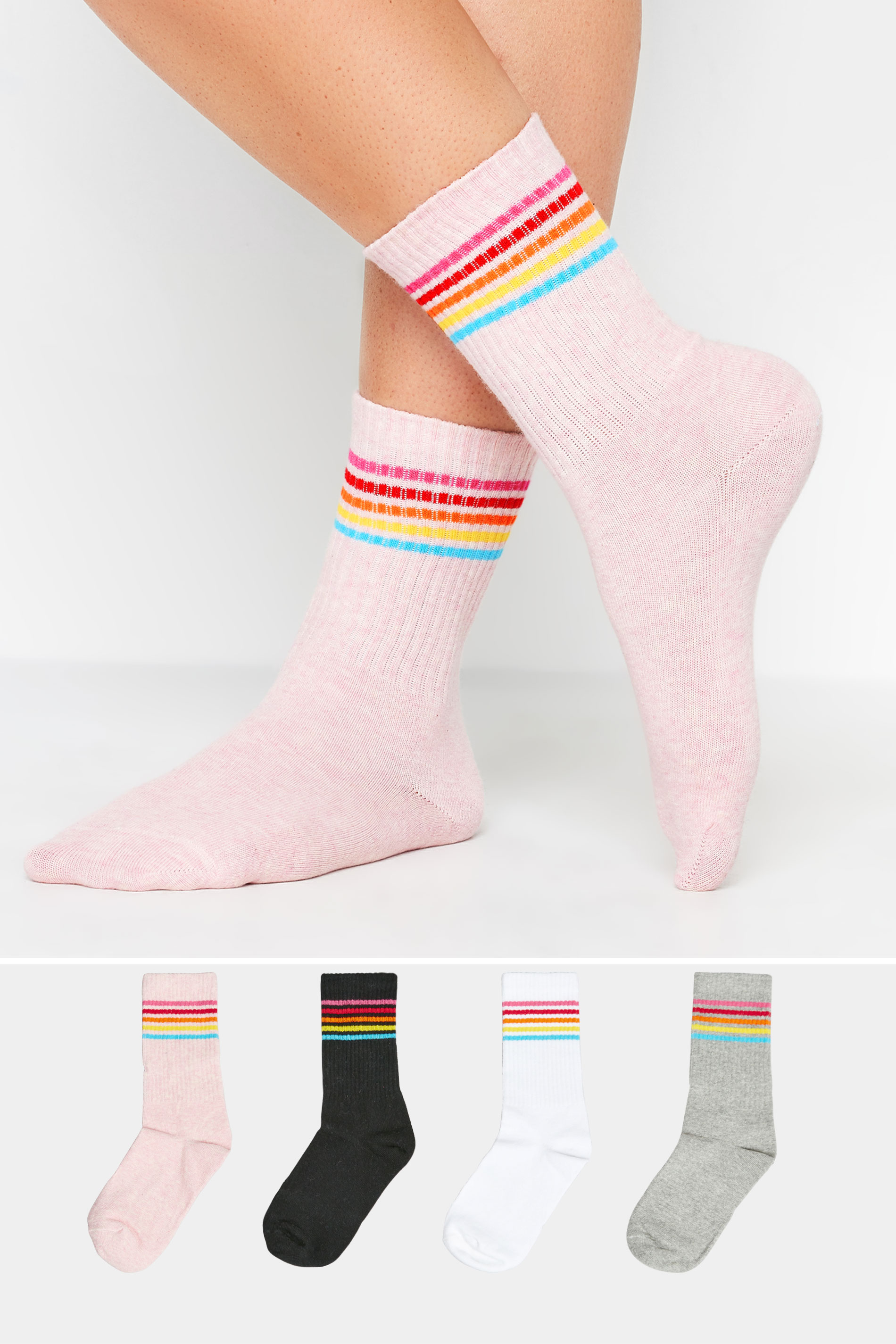 YOURS 4 PACK White & Grey Stripe Print Ribbed Ankle Socks | Yours Clothing 1
