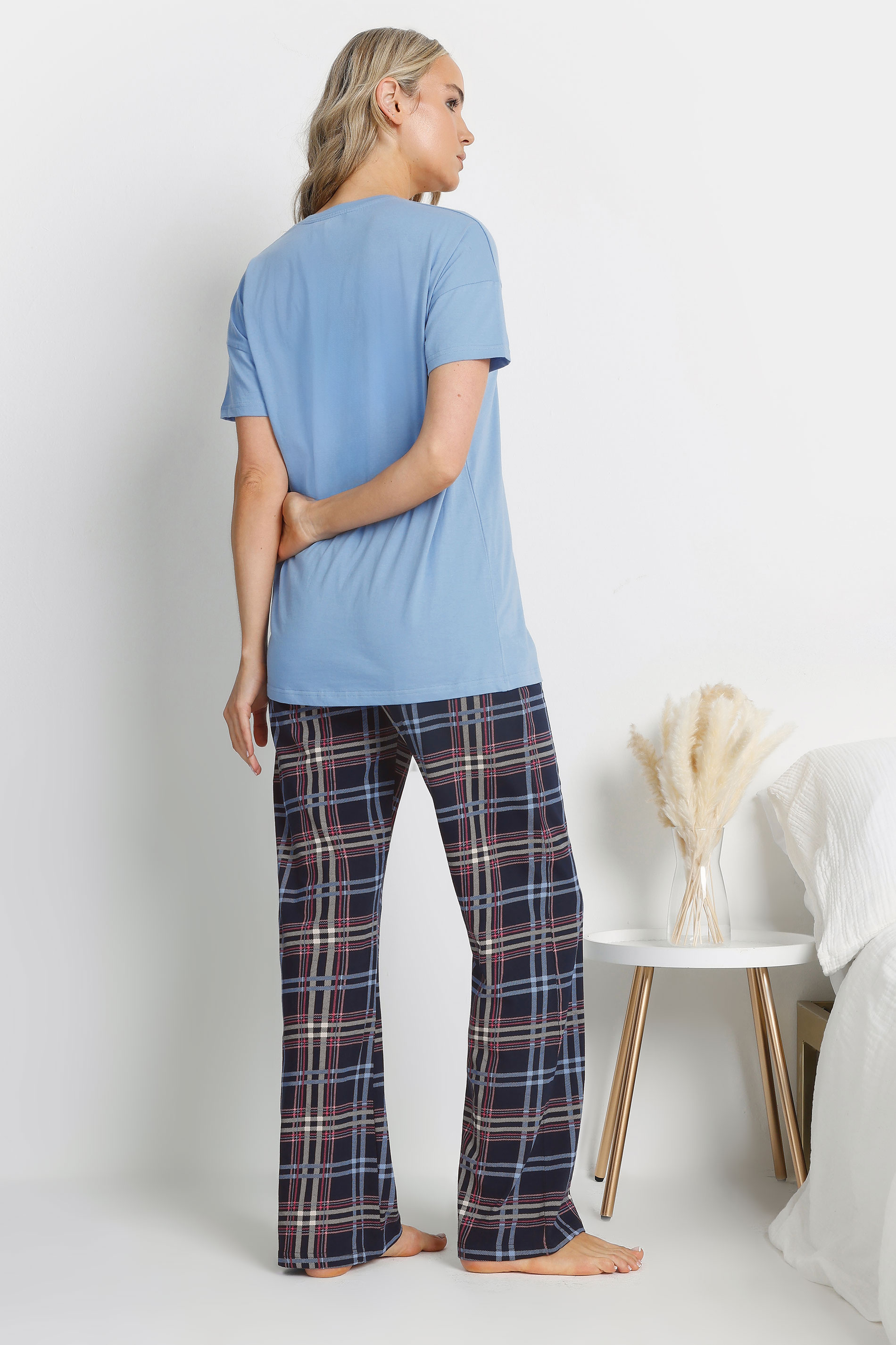 LTS Tall Blue Check 'Self Care' Slogan Wide Leg Pyjama Set | Long Tall Sally 2