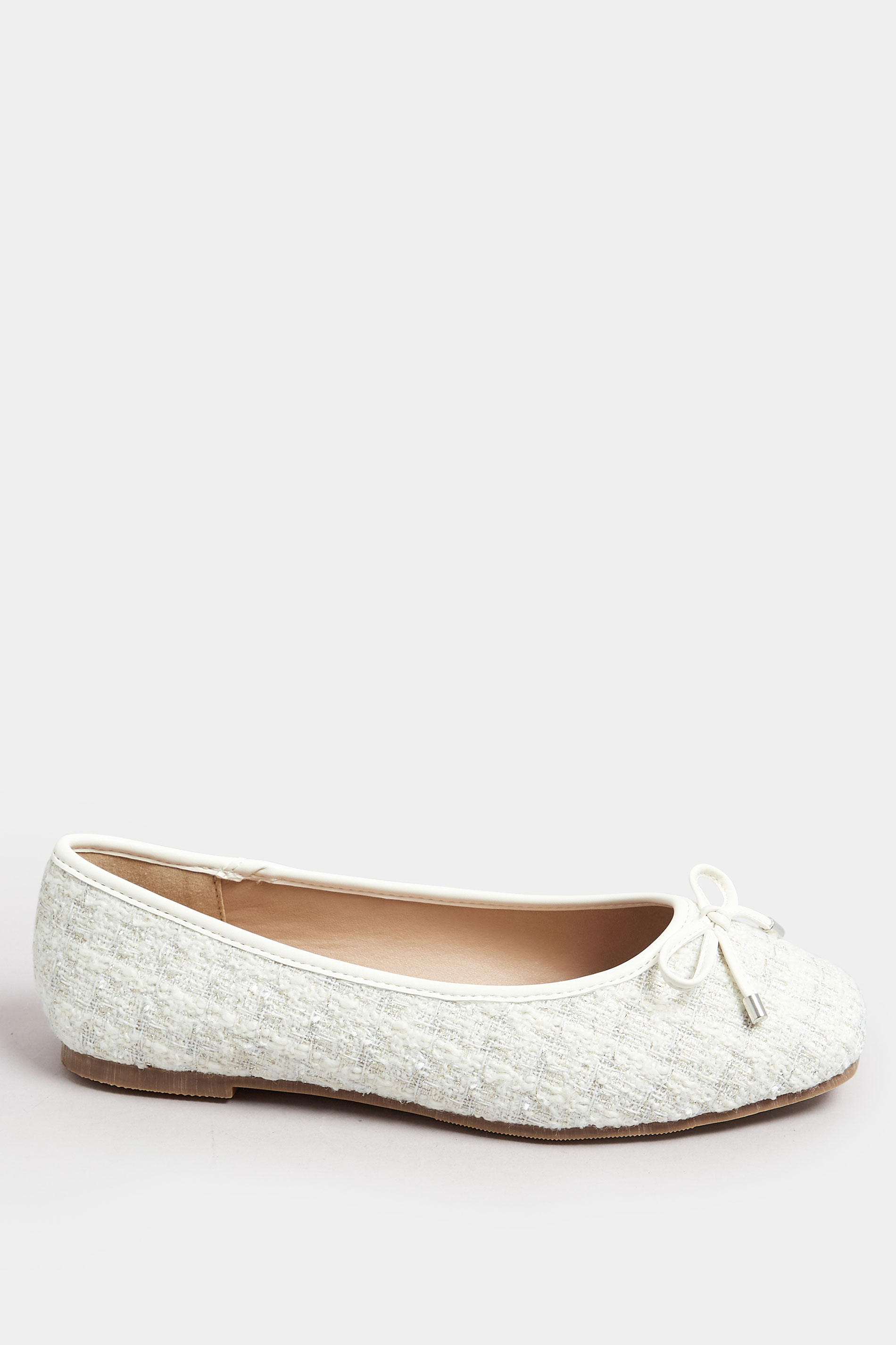 White Boucle Ballerina Pumps In Extra Wide EEE Fit | Yours Clothing 3