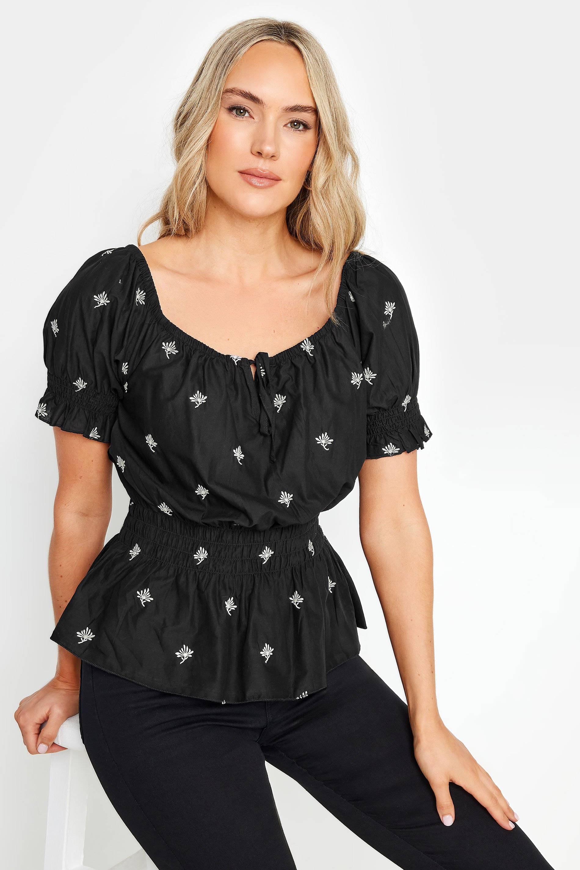 LTS Tall Women's Black Embroidered Tie Neck Top | Long Tall Sally 4