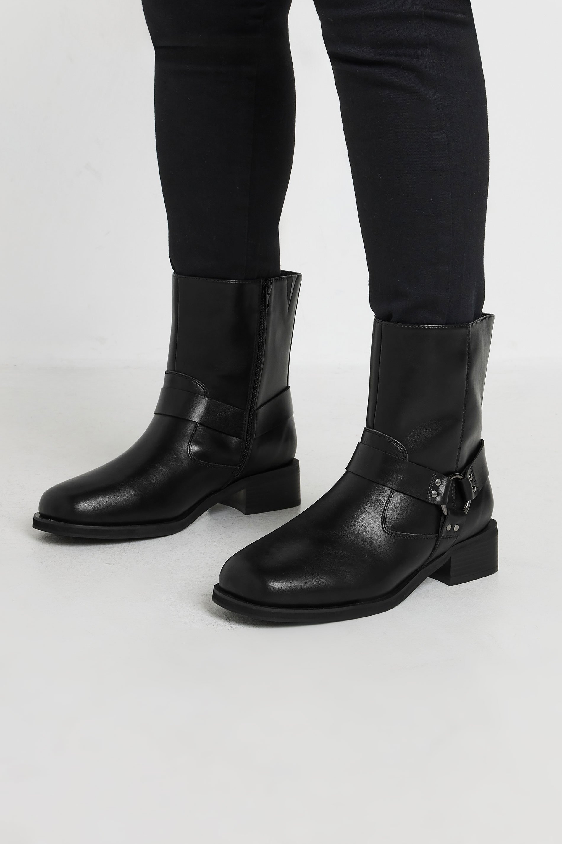 Black Square Toe Biker Boots In Extra Wide EEE Fit | Yours Clothing 1