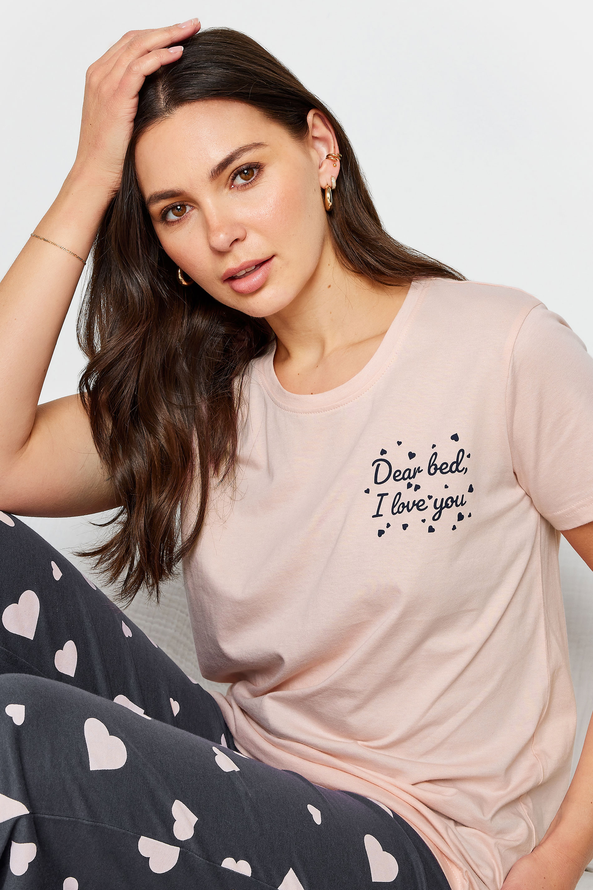 LTS Tall Womens Light Pink Heart Print Wide Leg Pyjama Set | Long Tall Sally 5