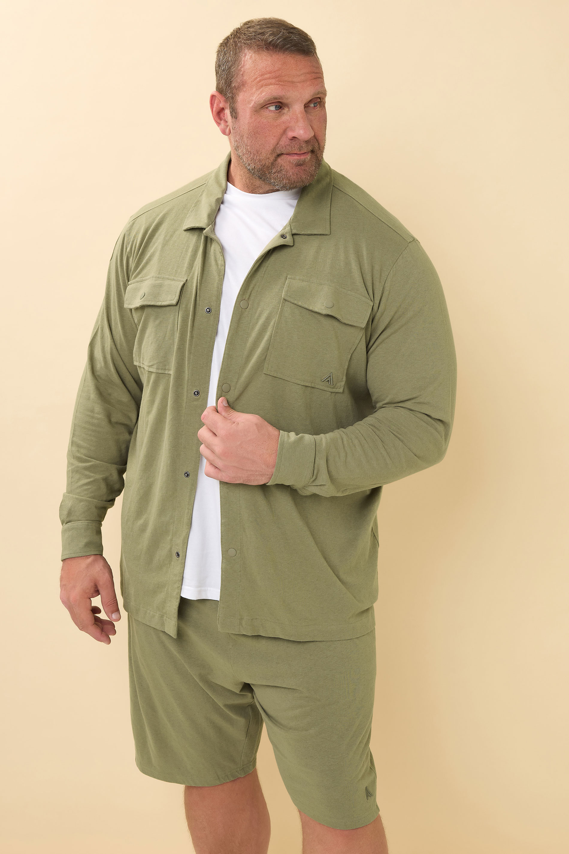 STUDIO A Big & Tall Khaki Green Linen Overshirt | BadRhino 2