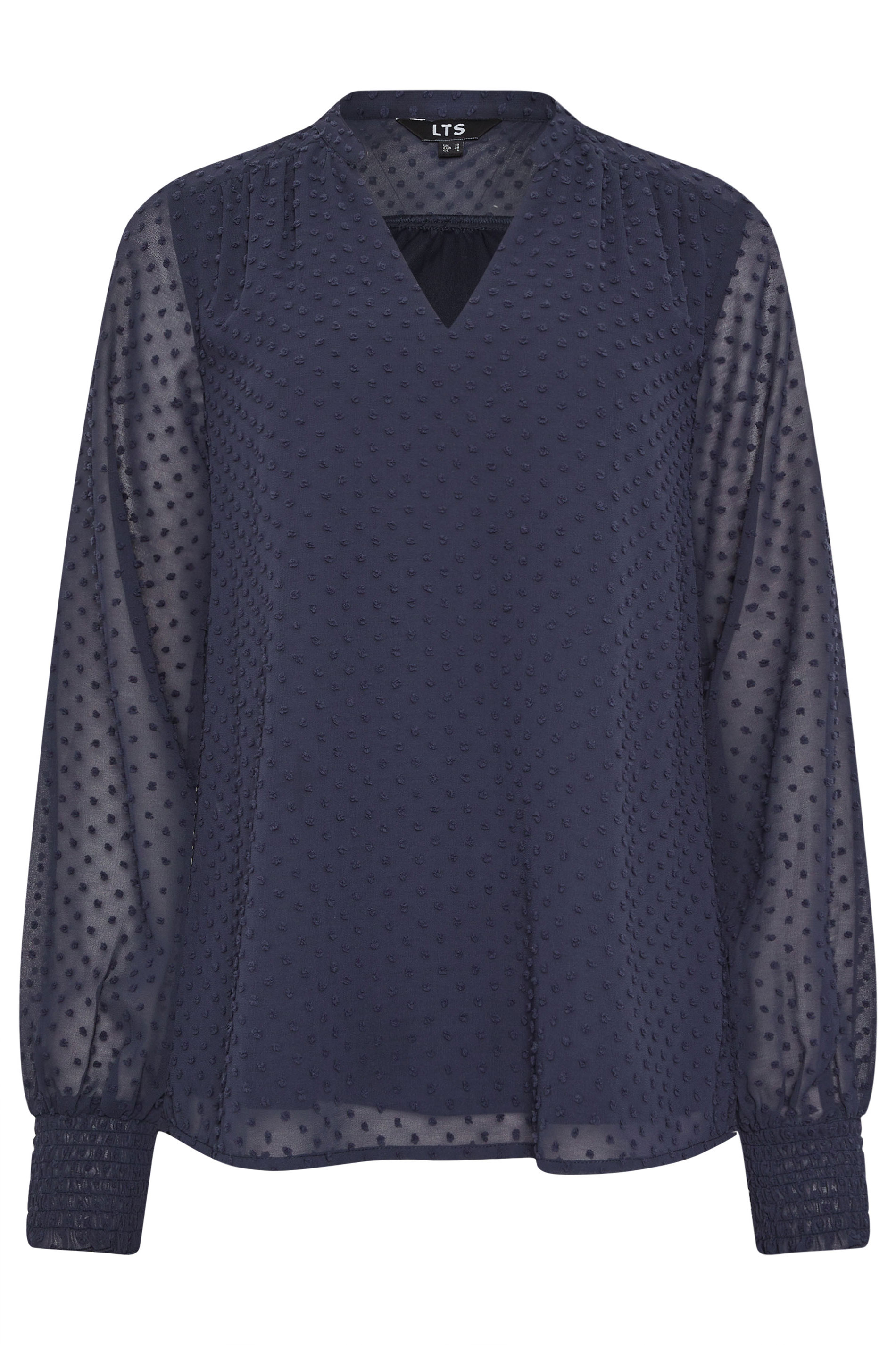 LTS Tall Women's Navy Blue Dobby Spot Shirred Cuff Top | Long Tall Sally 1