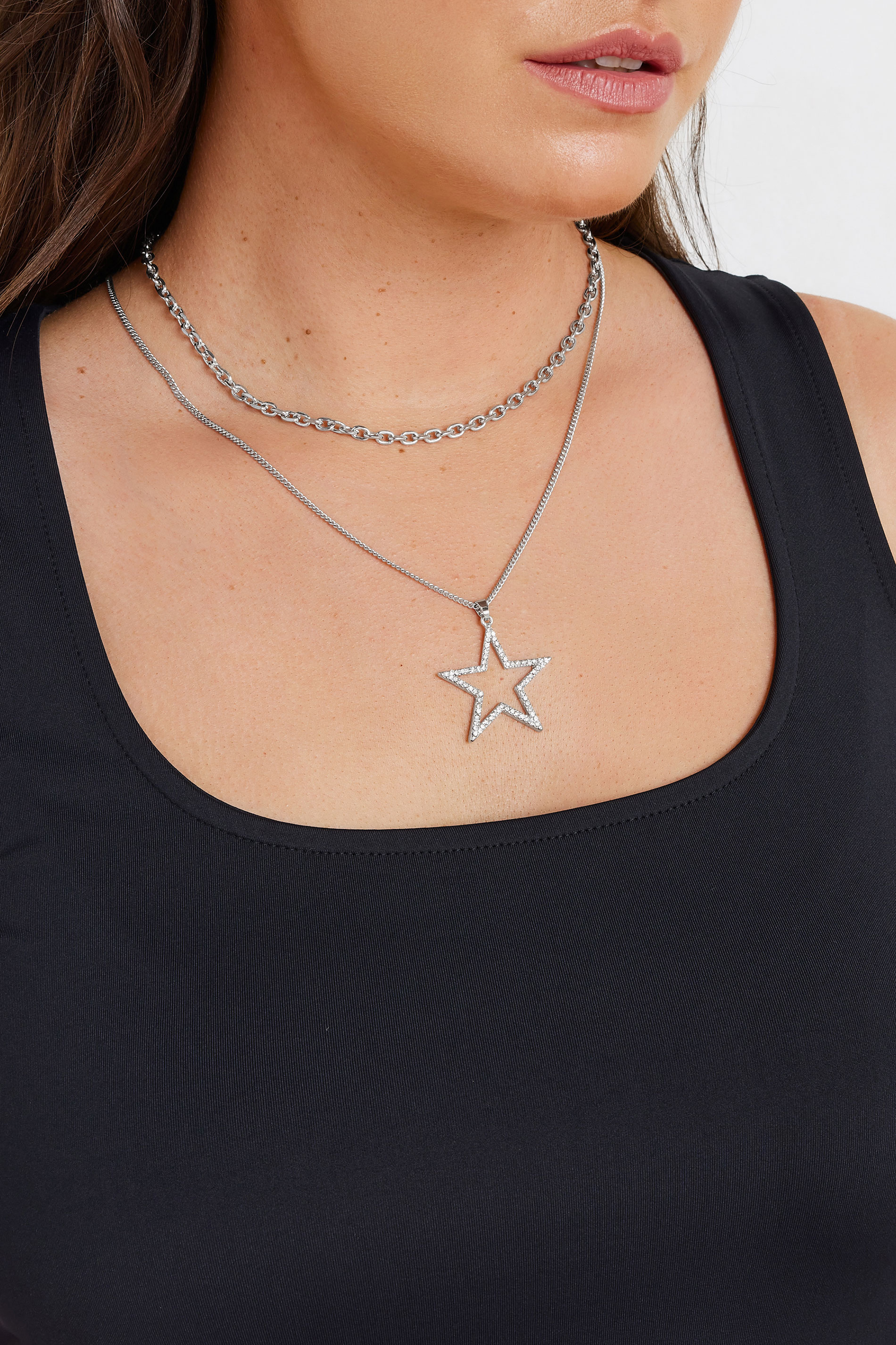 Silver Tone Double Layer Star Pendant Necklace | Yours Clothing  1