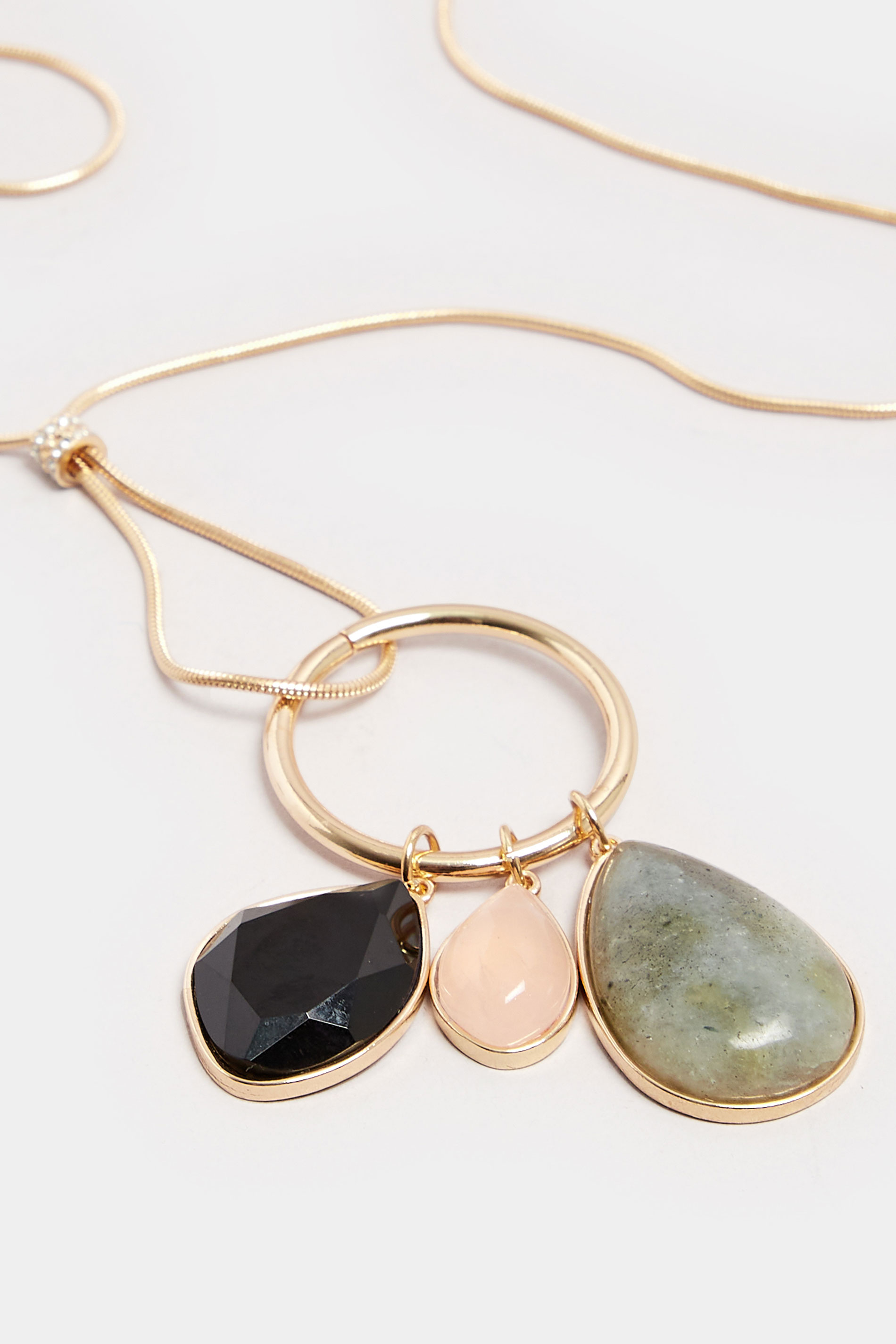 Gold Tone Triple Gemstone Pendant Long Necklace | Yours Clothing  3