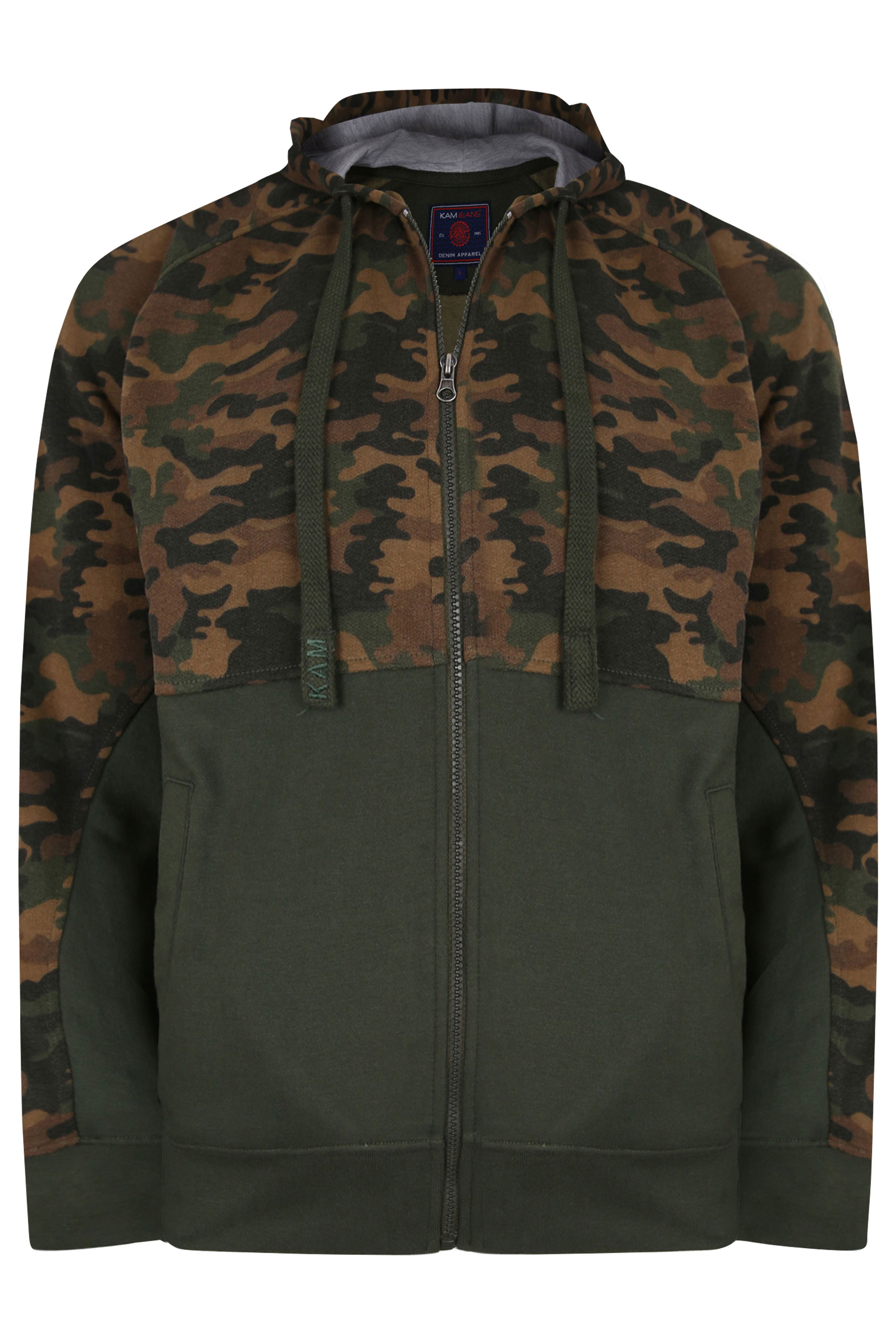 KAM Khaki Green Camo Colour Block Zip Through Hoodie | BadRhino 2