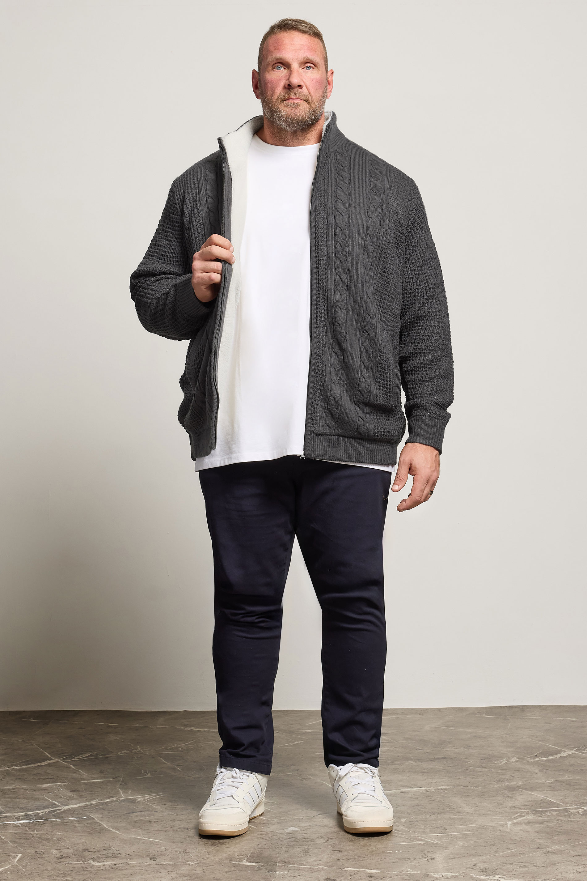 BadRhino Big & Tall Charcoal Grey Sherpa Lined Zip Through Cable Jumper | BadRhino 2