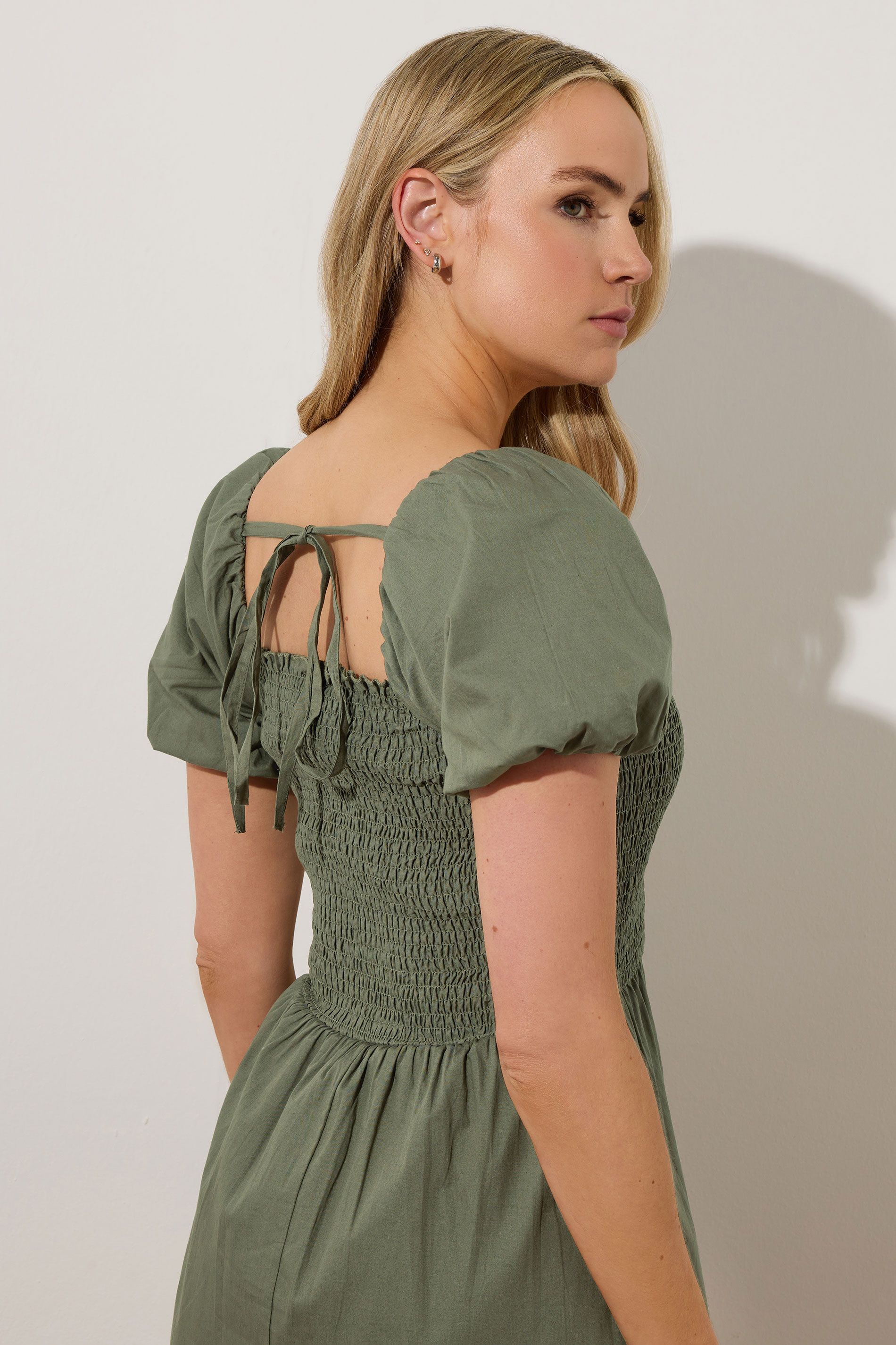 LTS Tall Khaki Green Shirred Puff Sleeve Midi Dress | Long Tall Sally 3