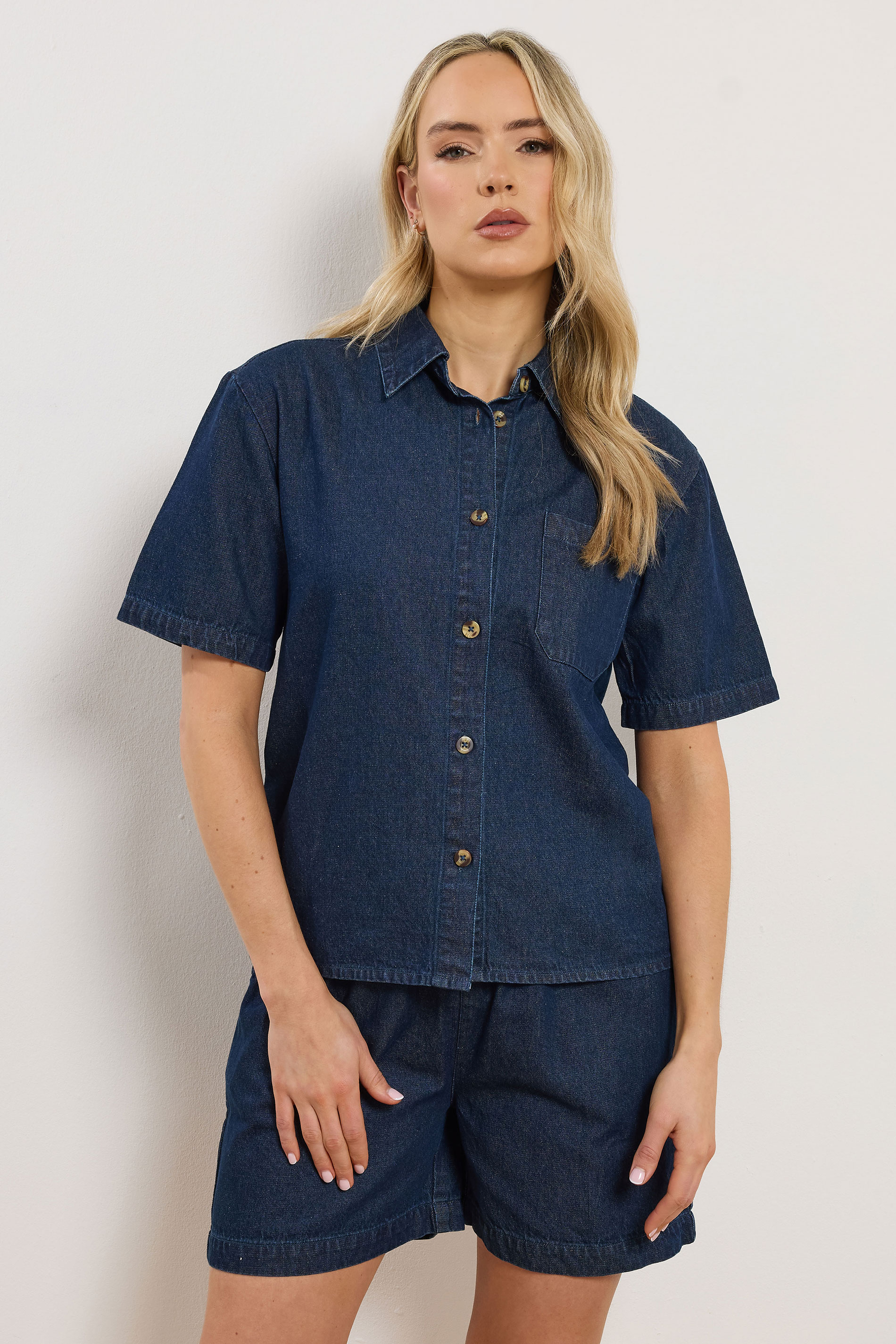 LTS Tall Women's Set Indigo Blue Denim Cotton Shirt & Shorts | Long Tall Sally 3