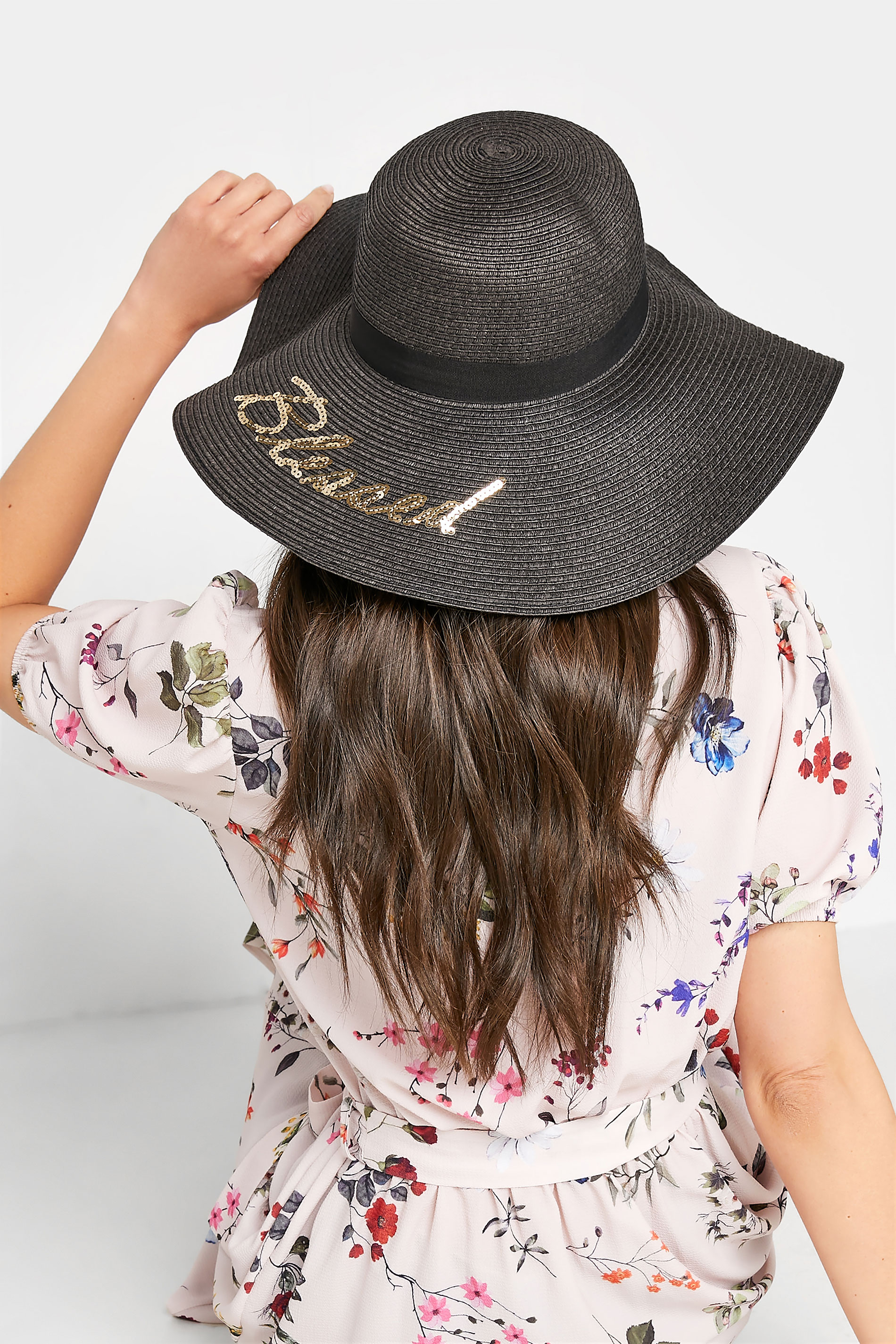 Black 'Blessed' Floppy Straw Hat | Yours Clothing 2