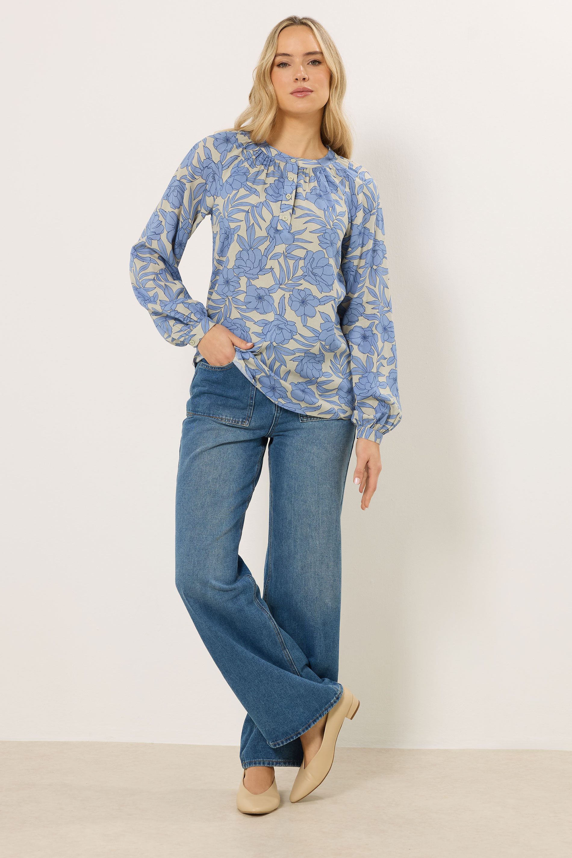 LTS Tall Women's Cream & Blue Placket Raglan Blouse | Long Tall Sally 4