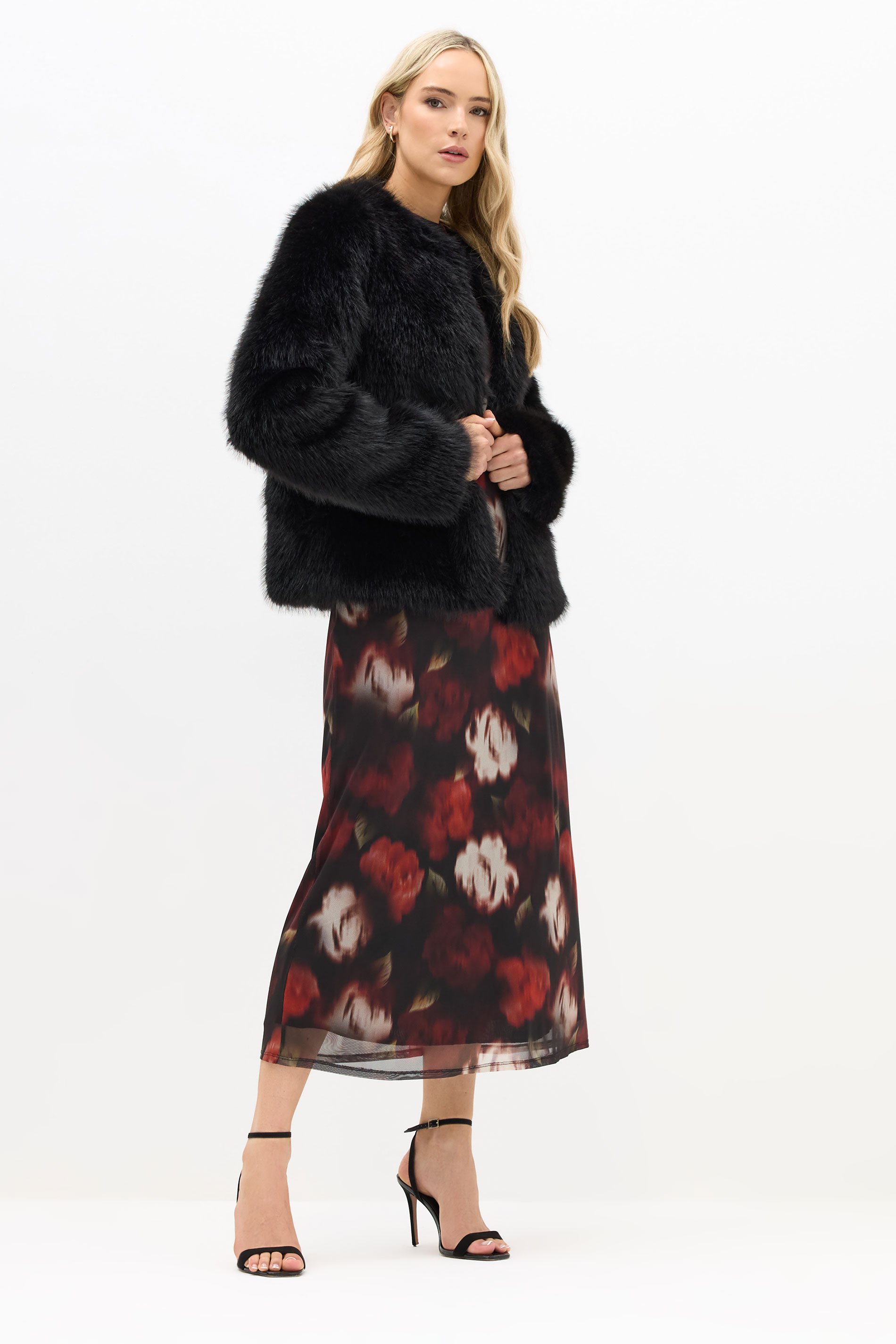 LTS Tall Black Faux Fur Collarless Jacket | Long Tall Sally 3