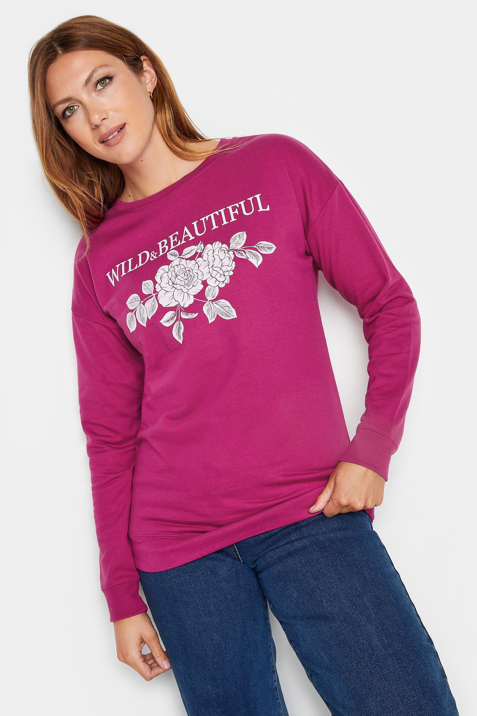 LTS Hot Pink Flower 'Wild & Beautiful' Print Sweatshirt | Long Tall Sally 2