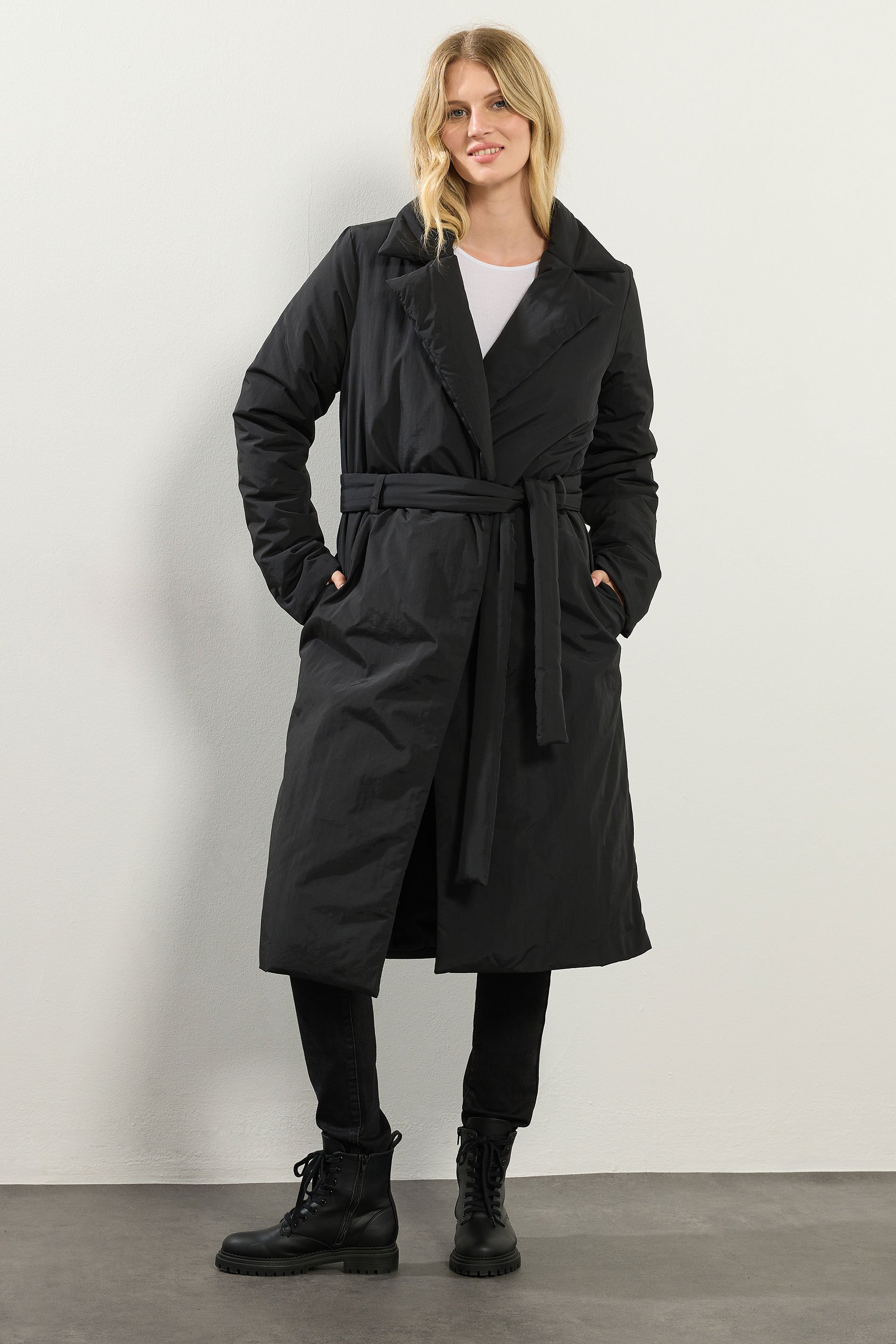 LTS Tall Black Belted Padded Midi Coat | Long Tall Sally 1
