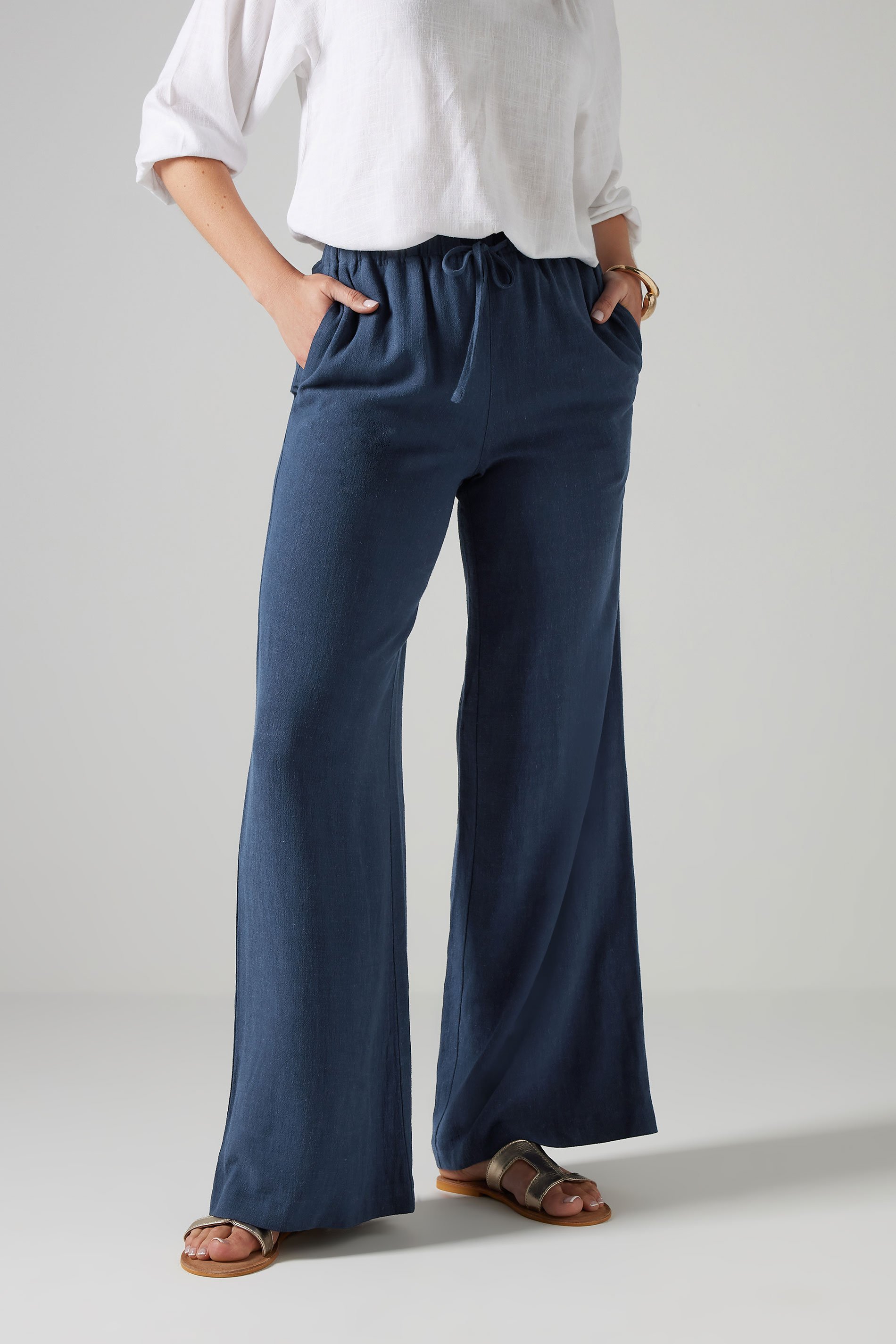 LTS Tall Navy Blue Linen Tie Waist Trousers | Long Tall Sally 2