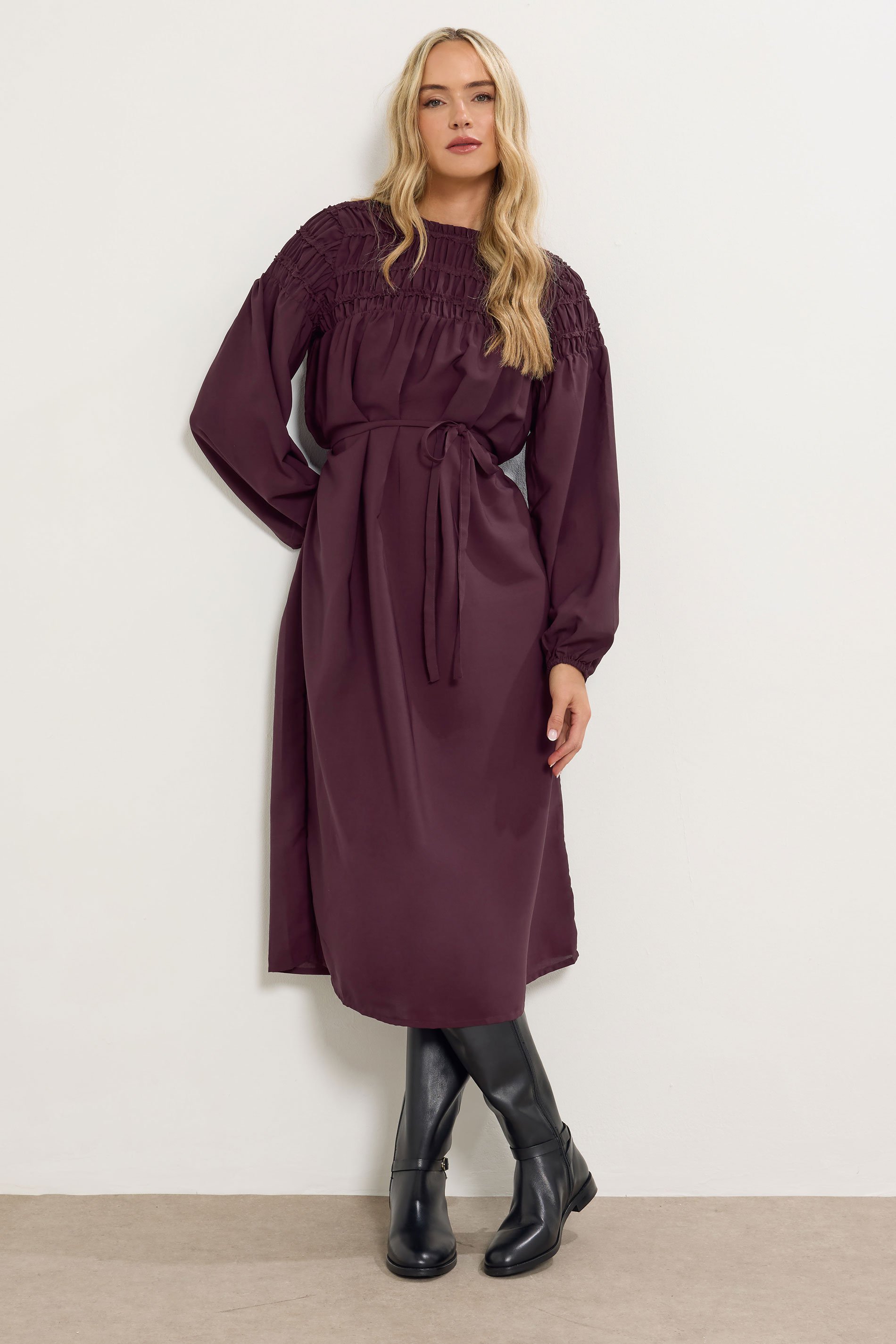 LTS Tall Burgundy Red Shirred Long Sleeve Midi Dress | Long Tall Sally 2