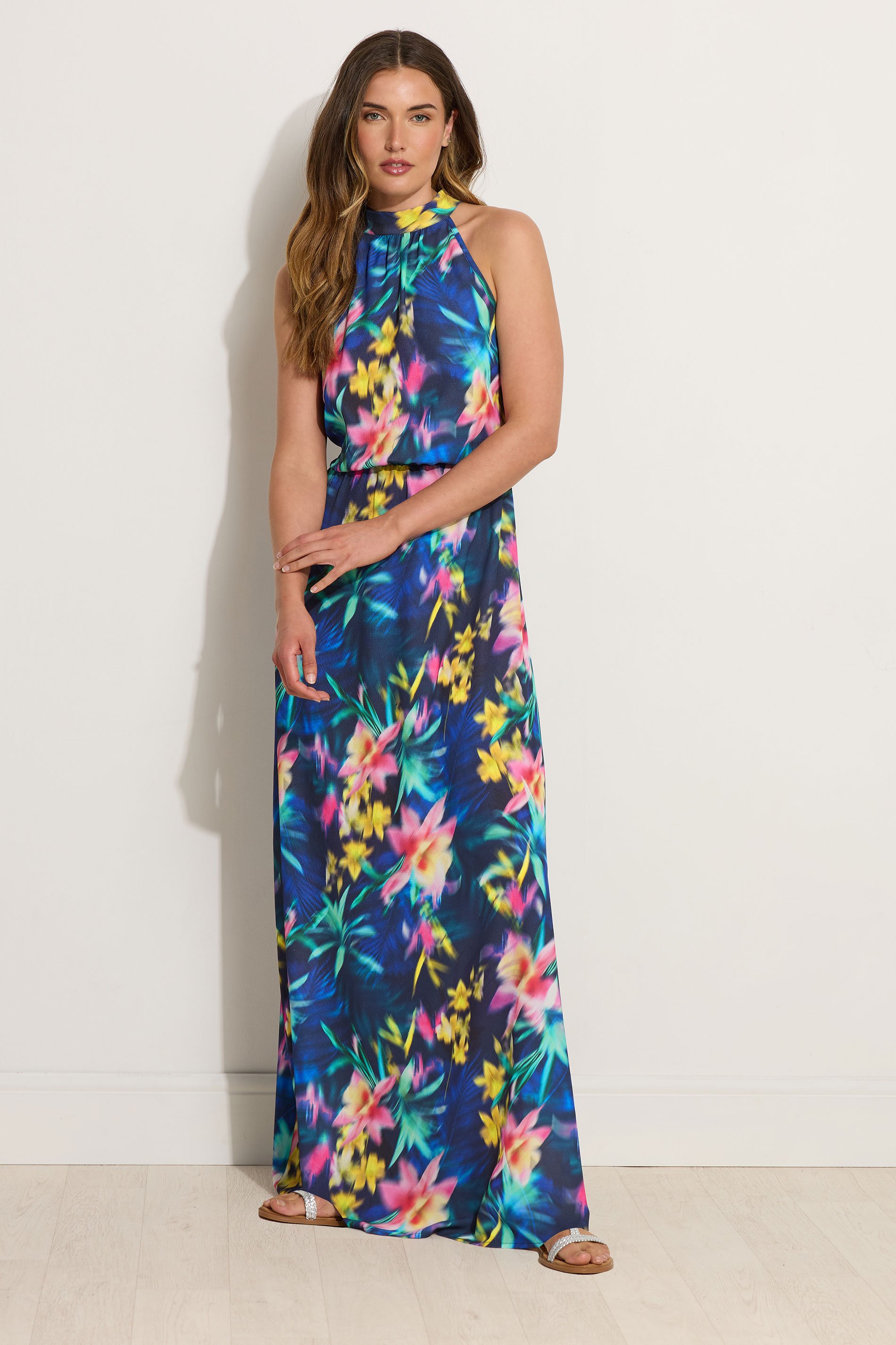 LTS Tall Navy Blue Abstract Floral Halter Neck Maxi Dress | Long Tall Sally 1