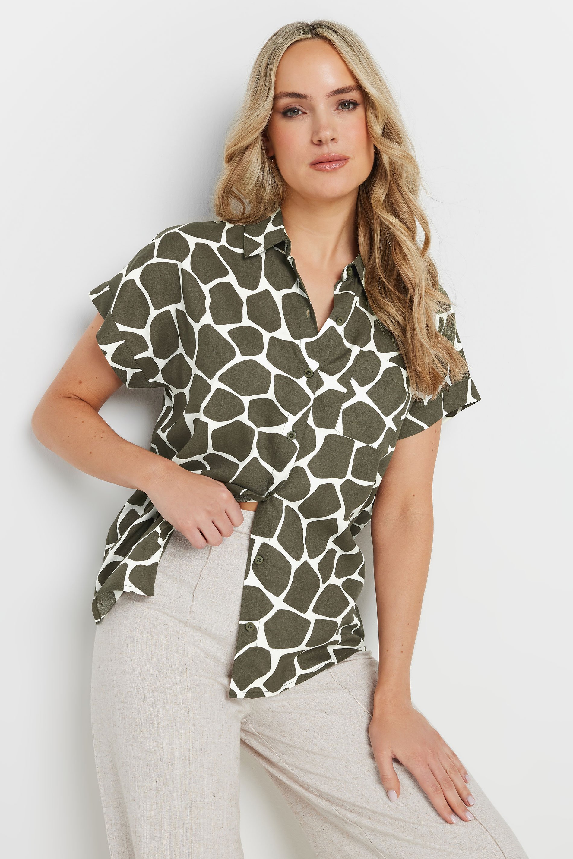 LTS Tall Khaki Green Giraffe Print Button Shirt | Long Tall Sally 6