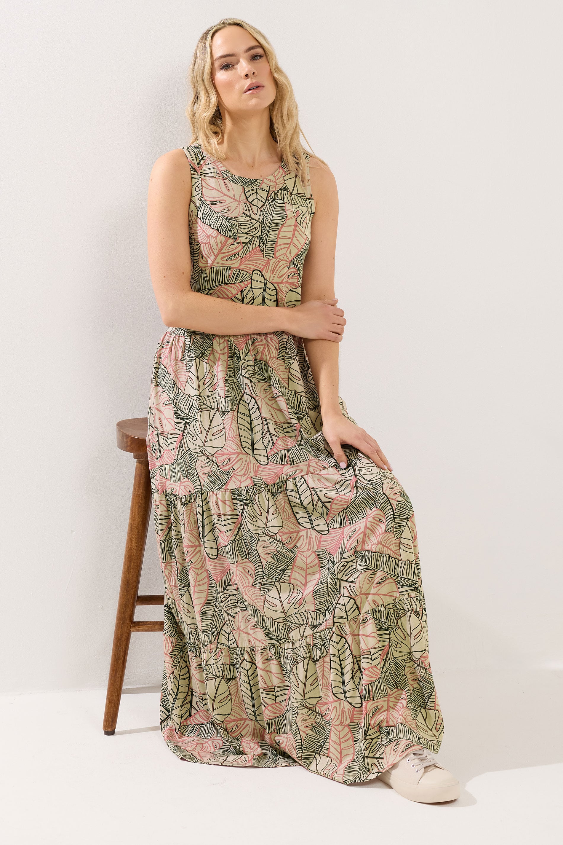 LTS Tall Women's Natural Brown Leaf Print Cotton Maxi Dress | Long Tall Sally 1