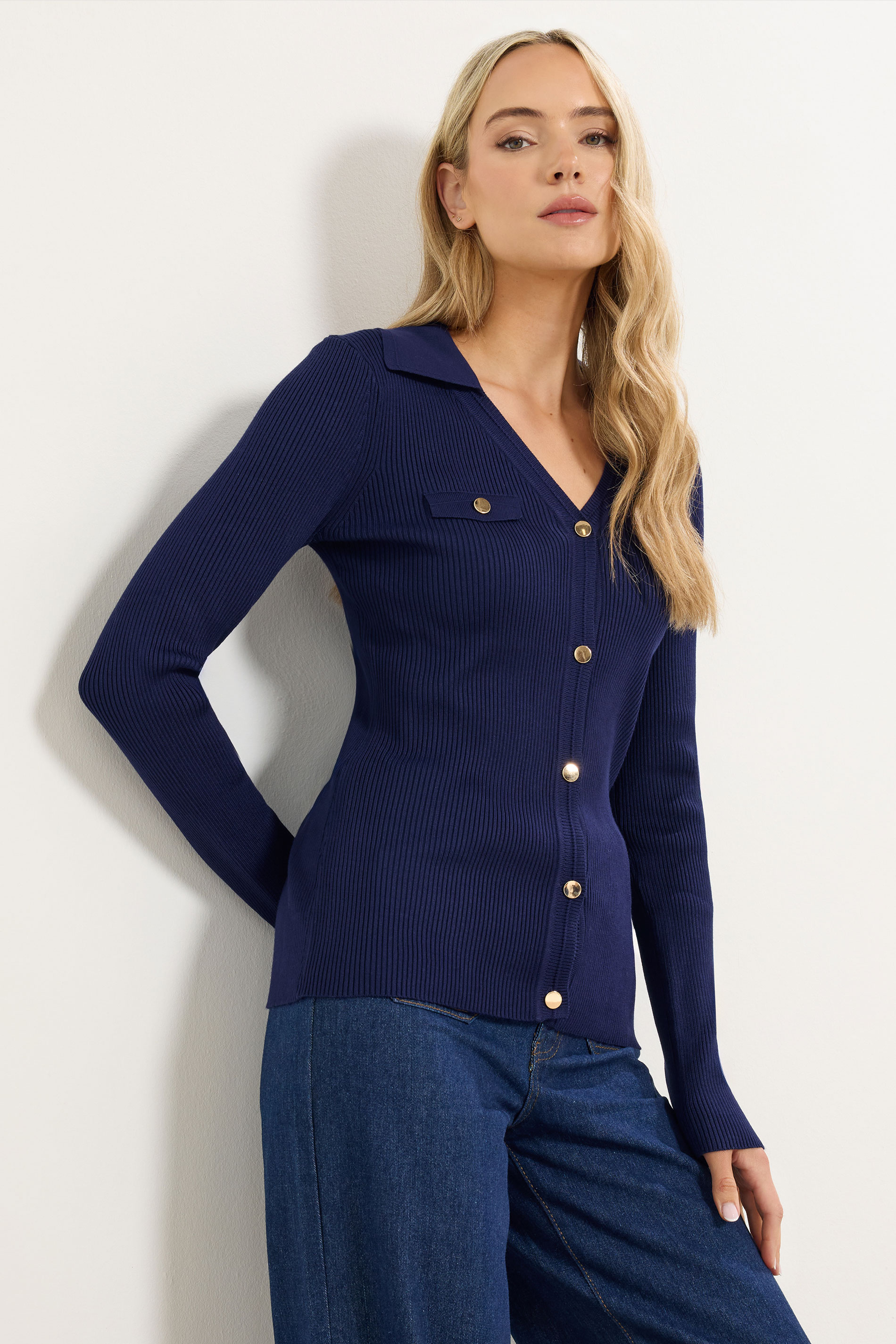 LTS Tall Navy Blue Ribbed Button Detail Top | Long Tall Sally 1