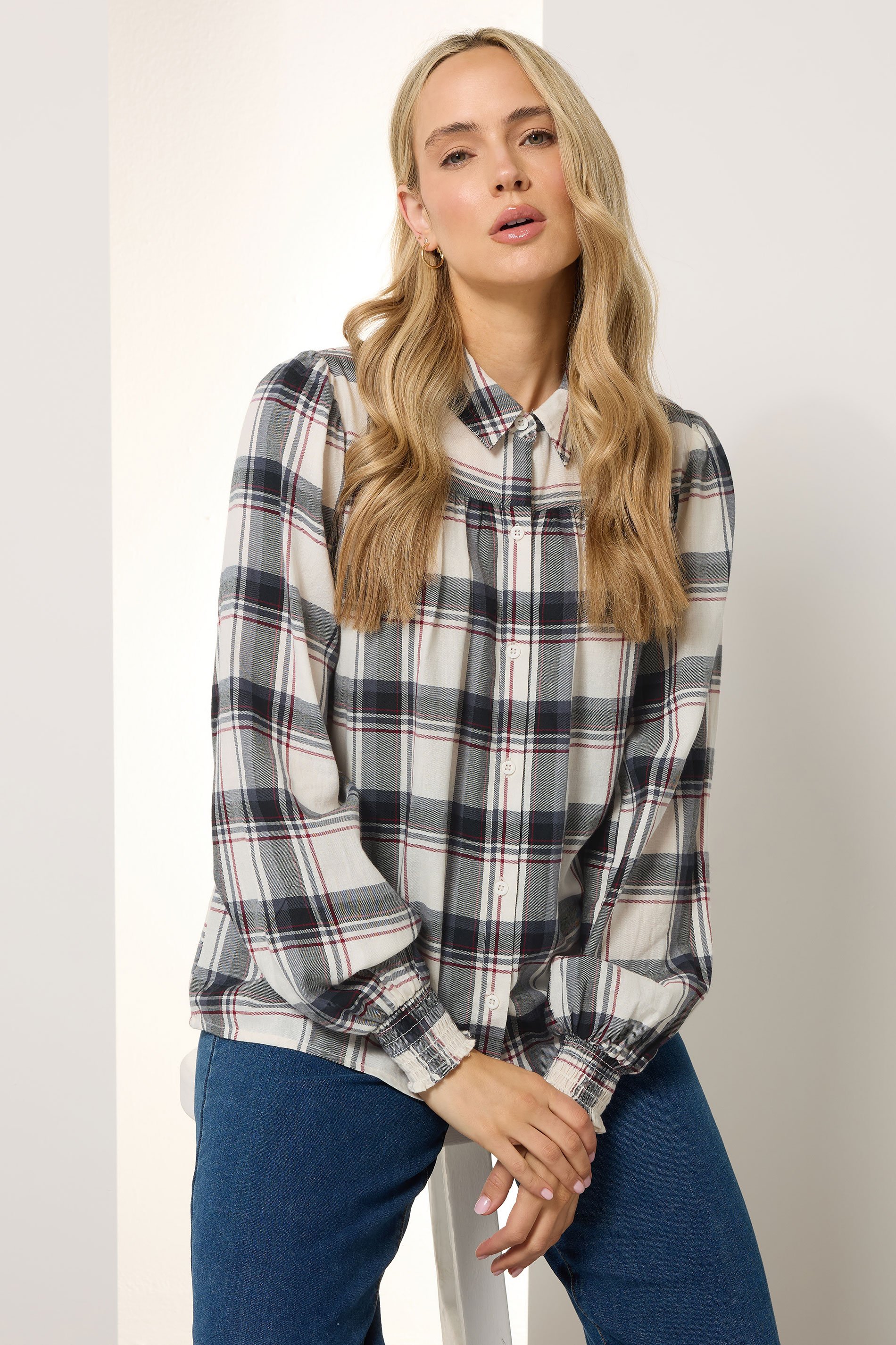 LTS Tall Ivory White Check Yoke Button Shirt | Long Tall Sally 1